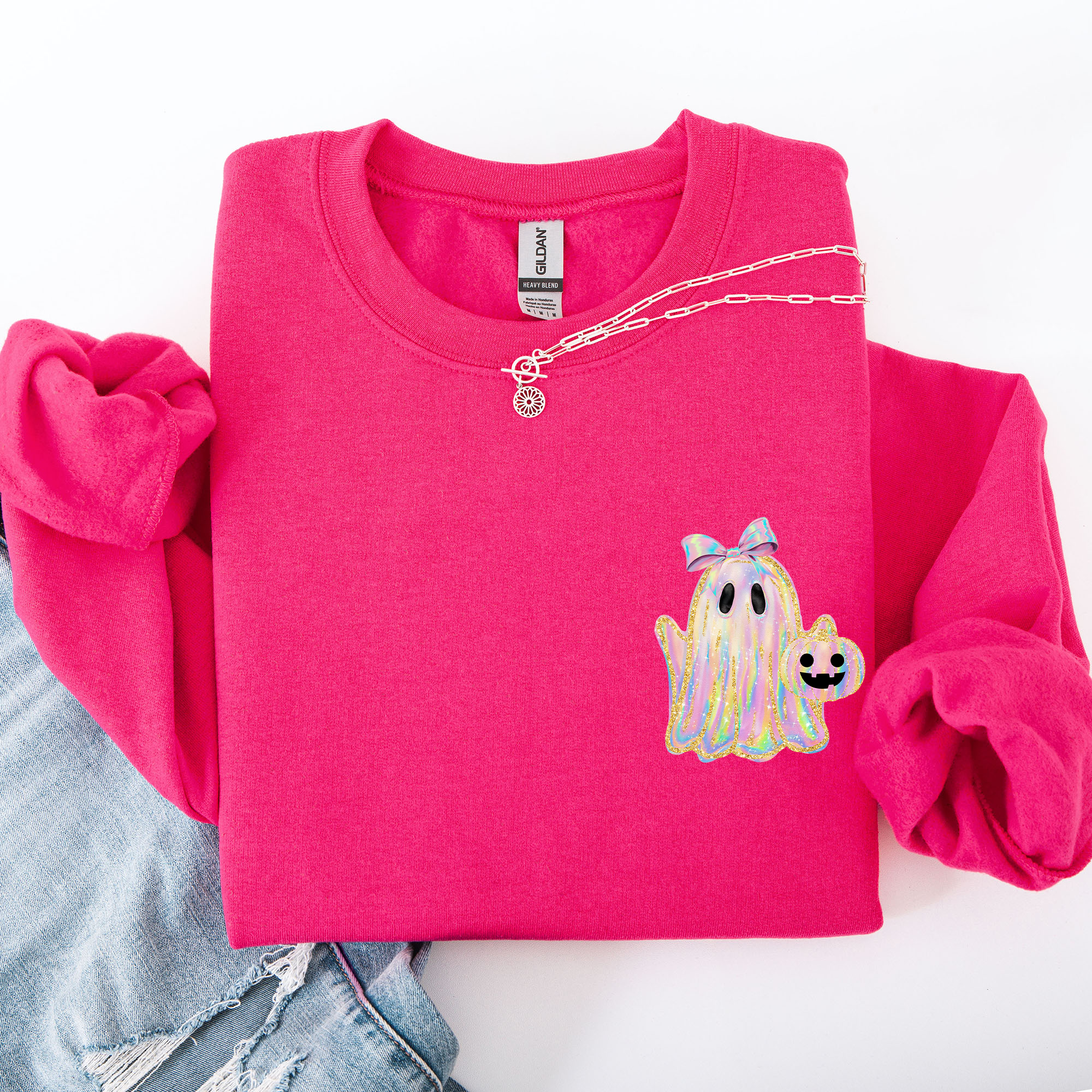 Cute Ghost, Coquette Faux Glitter, Halloween Sweatshirt T-Shirts, Hoodie | PodTeesHub.com