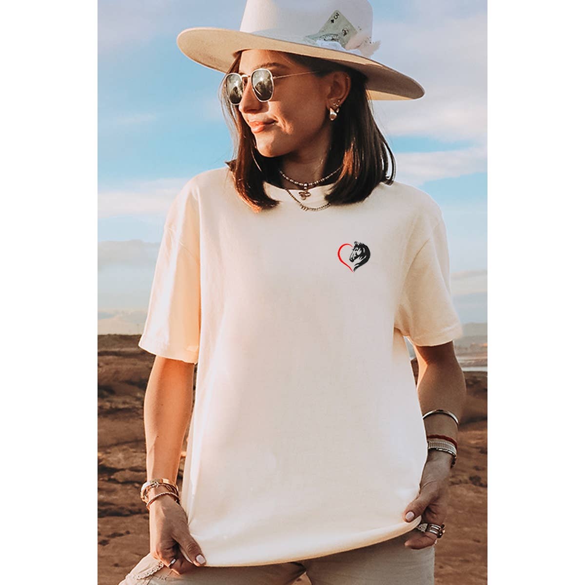 Horse Heart Embroidery Graphic Oversized Tee Hoodie, Sweatshirt | PodTeesHub.com