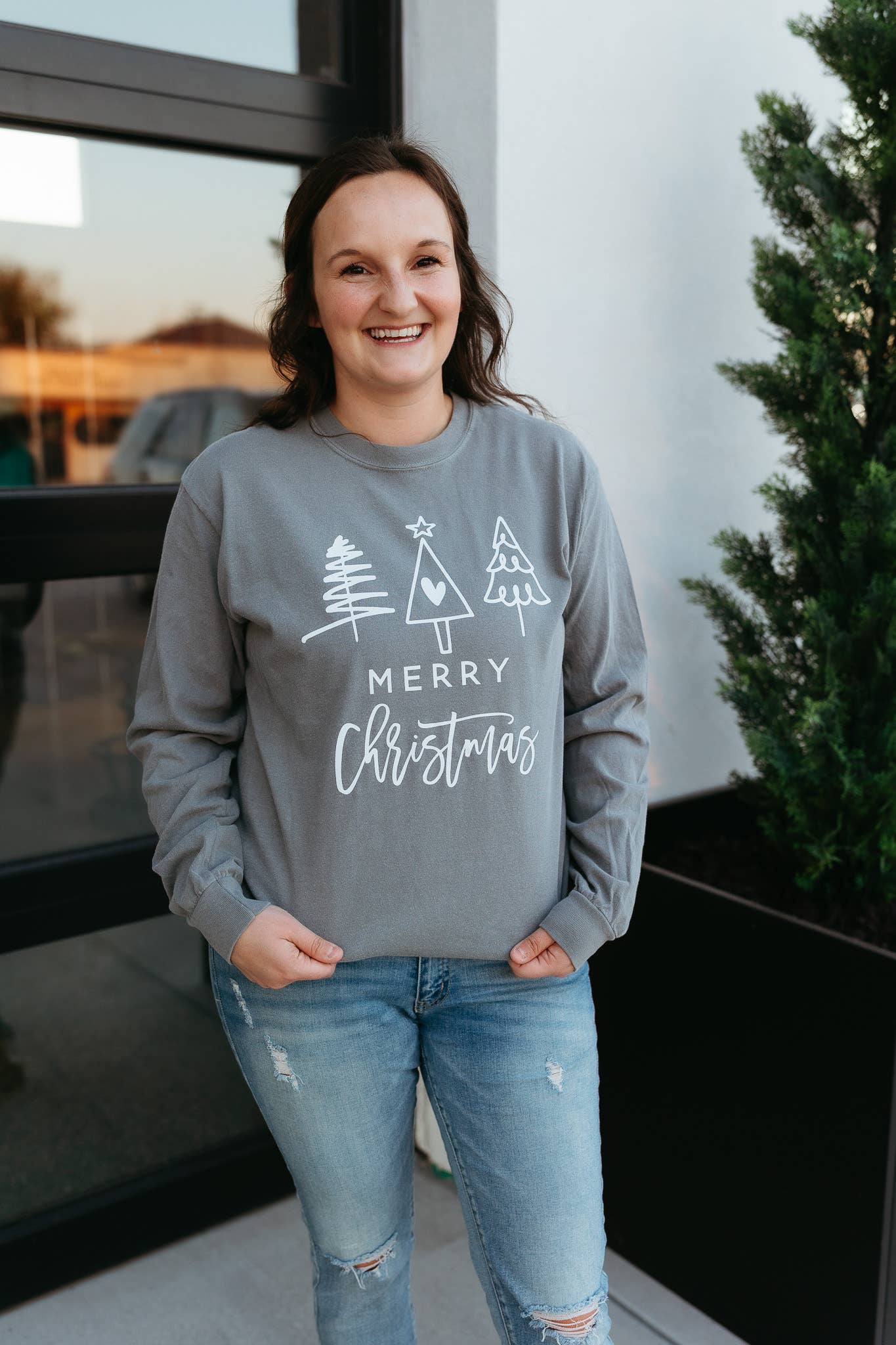Merry Christmas Long Sleeve Tee - Graphic Tee - Three Trees Hoodie, Sweatshirt | PodTeesHub.com