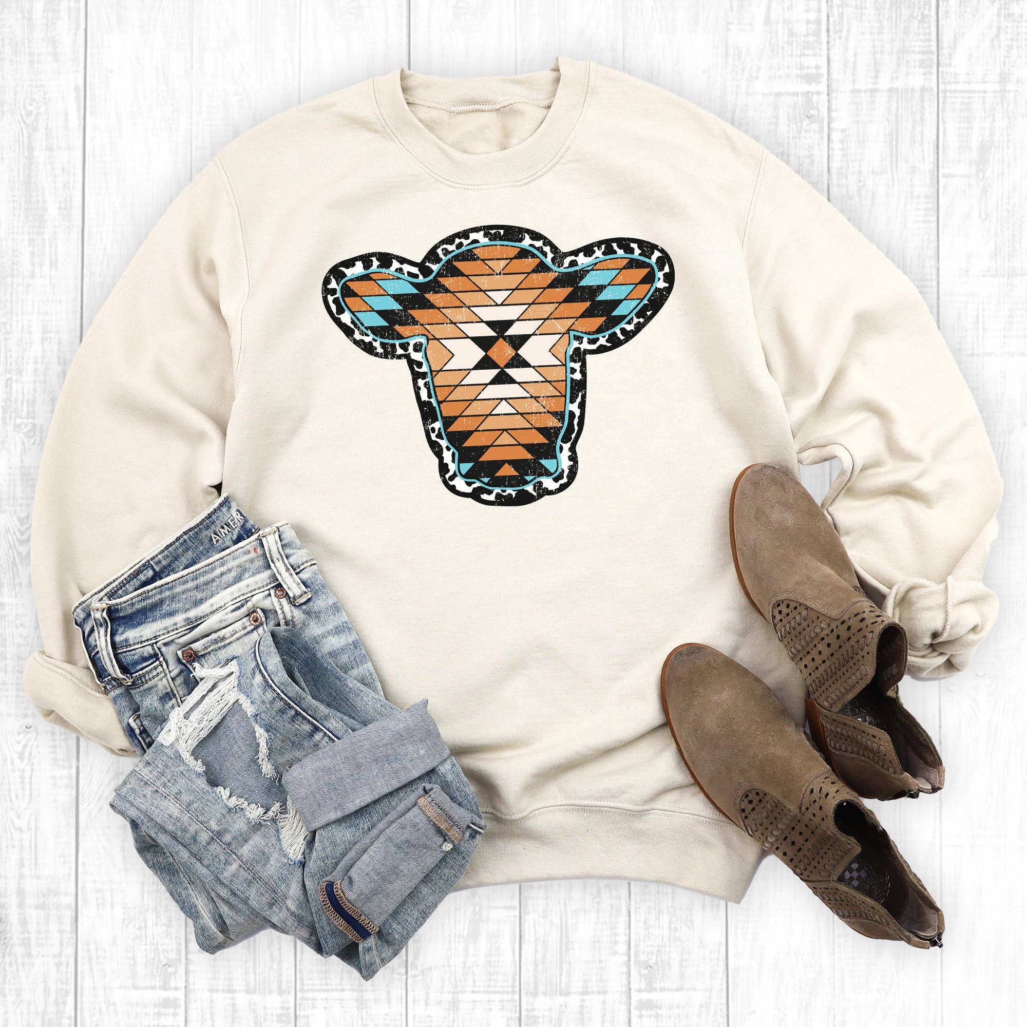 Western Aztec Cowhide Cow Head Sweatshirt T-Shirts, Hoodie | PodTeesHub.com
