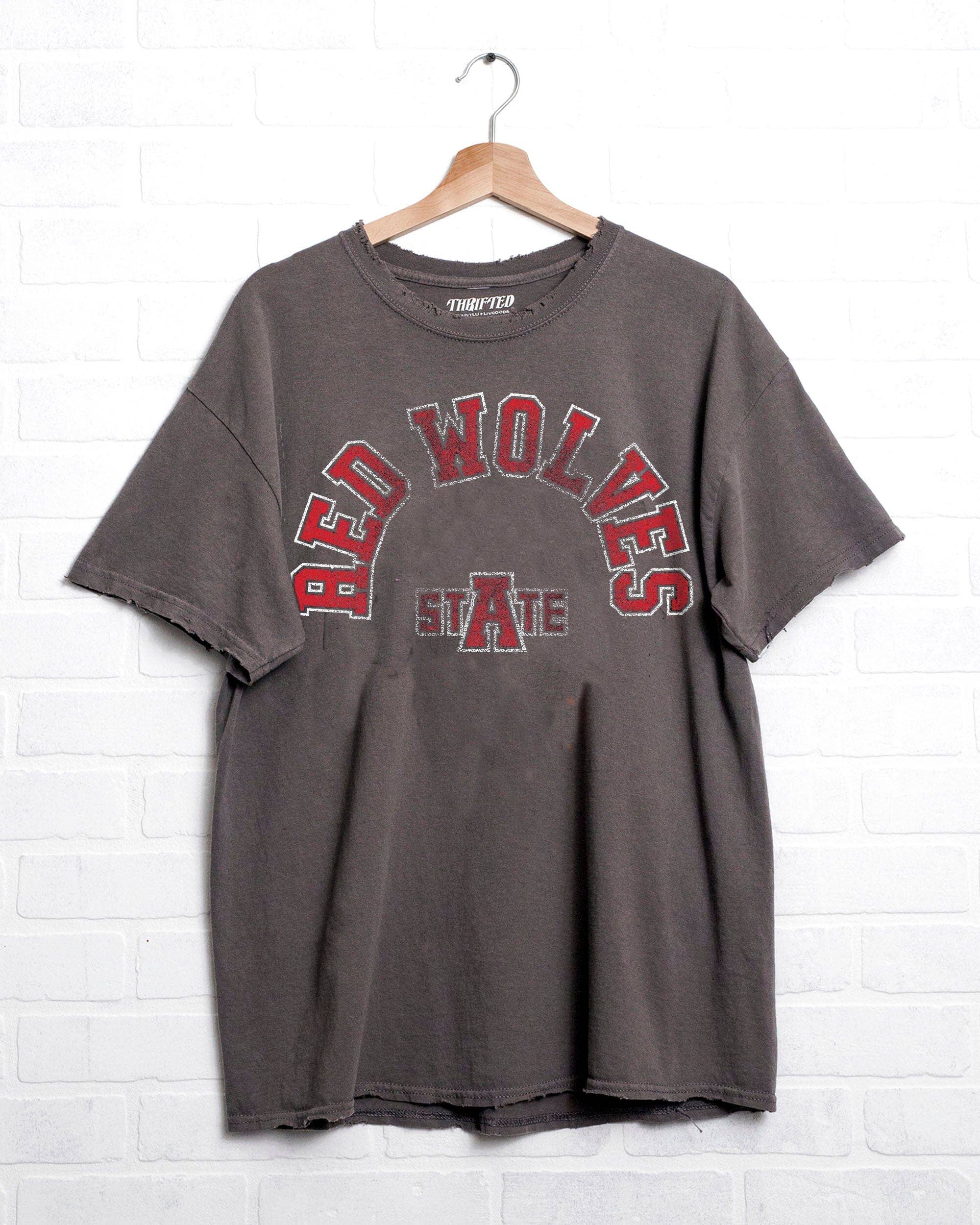 Arkansas State Red Wolves Mega Arch Charcoal Thrifted Tee Hoodie, Sweatshirt | PodTeesHub.com