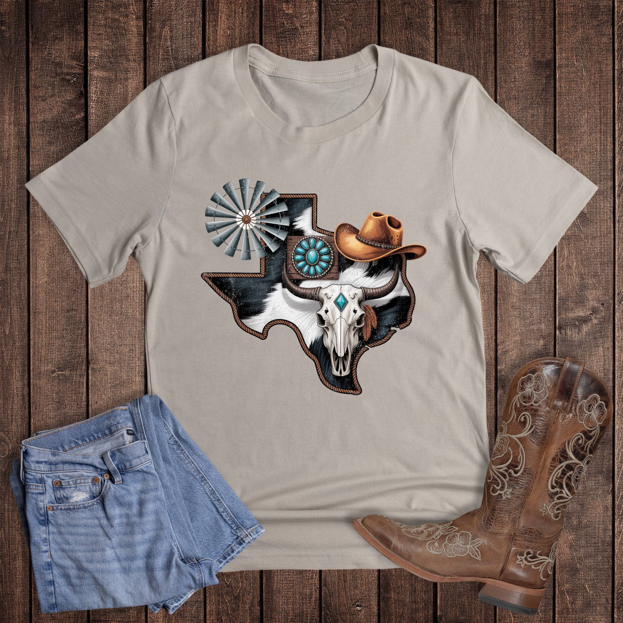 Western Texas Cow Skull Turquoise Graphic Tee Hoodie, Sweatshirt | PodTeesHub.com