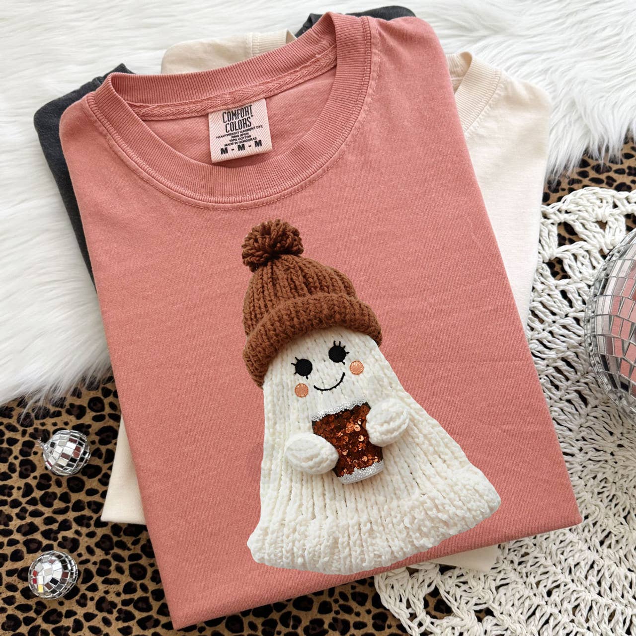 Faux Yarn Cozy Ghost with Coffee Tee Hoodie, Sweatshirt | PodTeesHub.com
