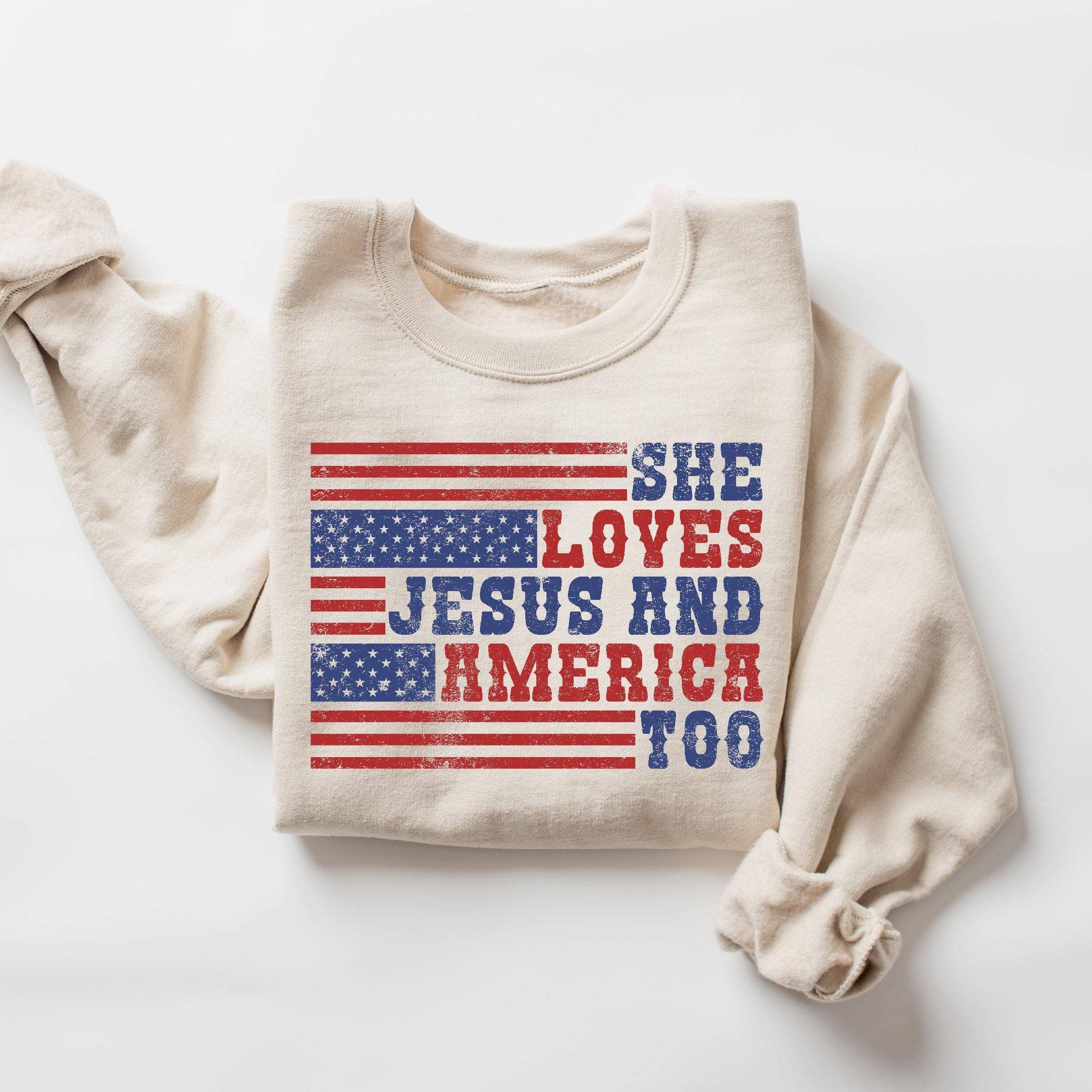 She Loves Jesus and America Too - Women's USA Sweatshirt T-Shirts, Hoodie | PodTeesHub.com