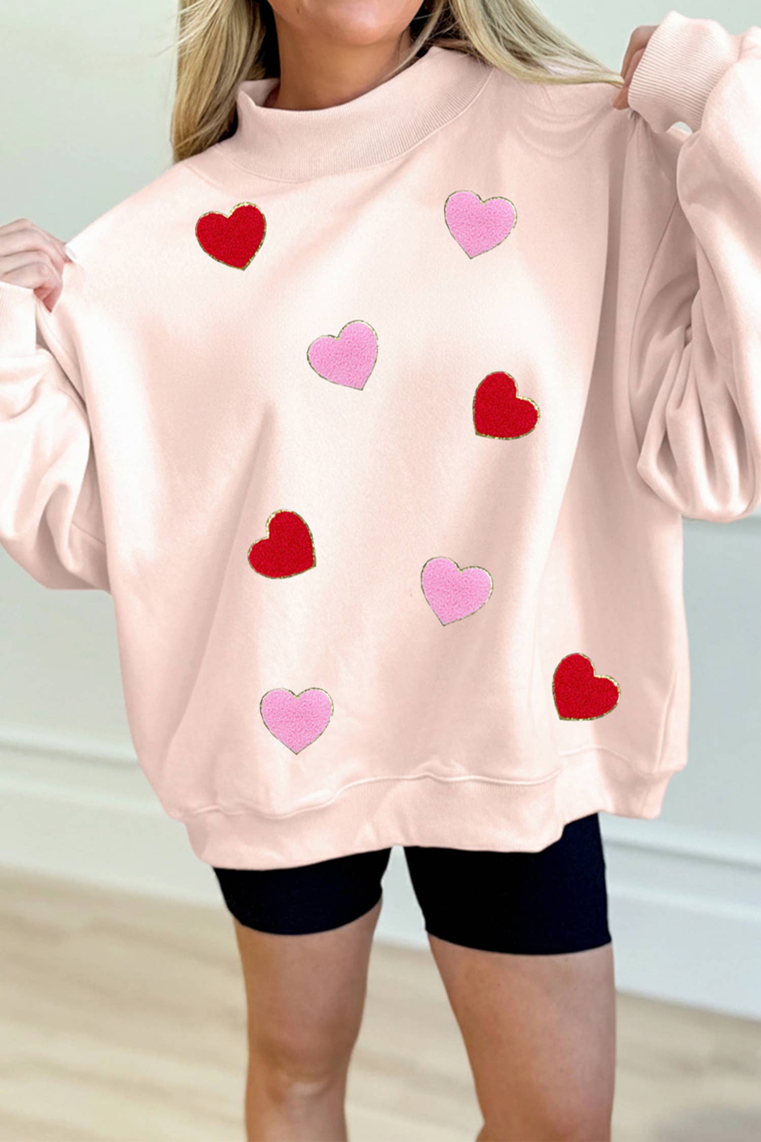 Glitter Trim Chenille Heart Patched Sweatshirt (S-Xl) T-Shirts, Hoodie | PodTeesHub.com