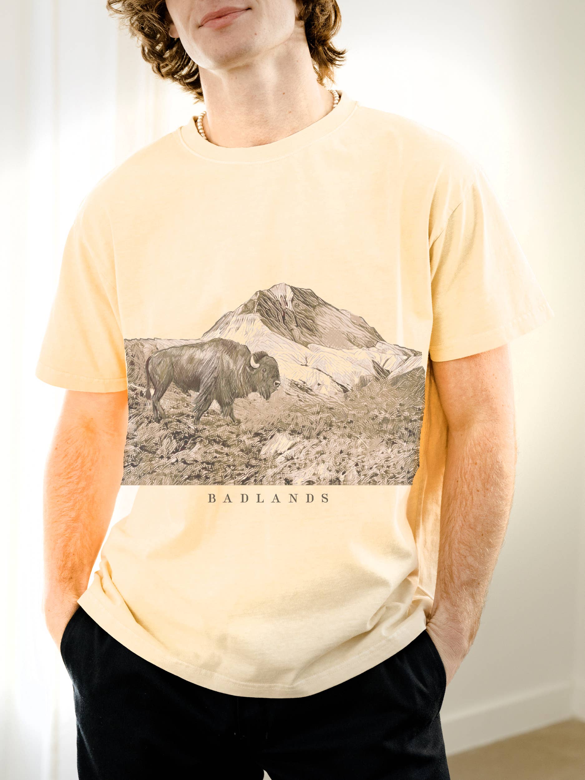 Badlands Bison Off White Thrifted Graphic Tee Hoodie, Sweatshirt | PodTeesHub.com