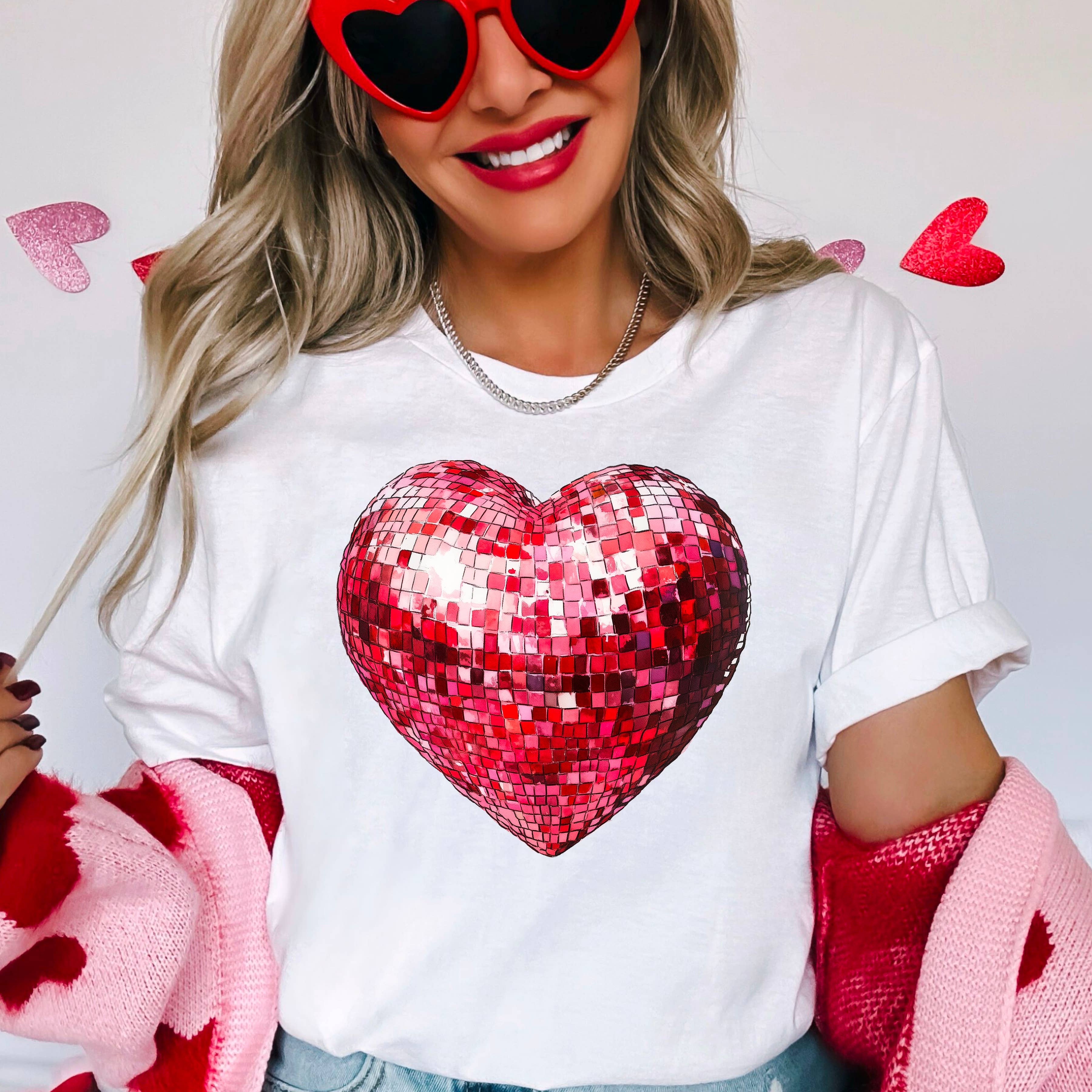 Disco Heart Valentine's  Bows Graphic Tee | Gildan Hoodie, Sweatshirt | PodTeesHub.com