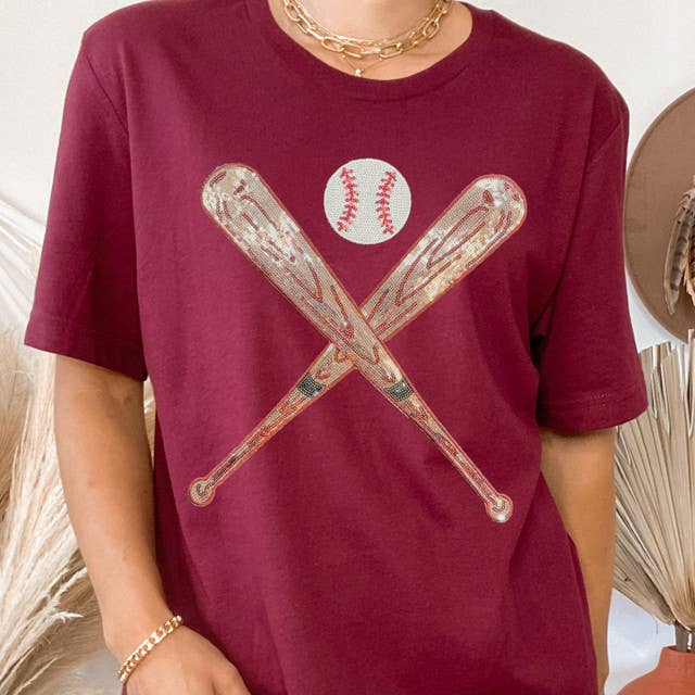 Sequin Bats and Baseball Patch Garnet Everyday Tee Hoodie, Sweatshirt | PodTeesHub.com