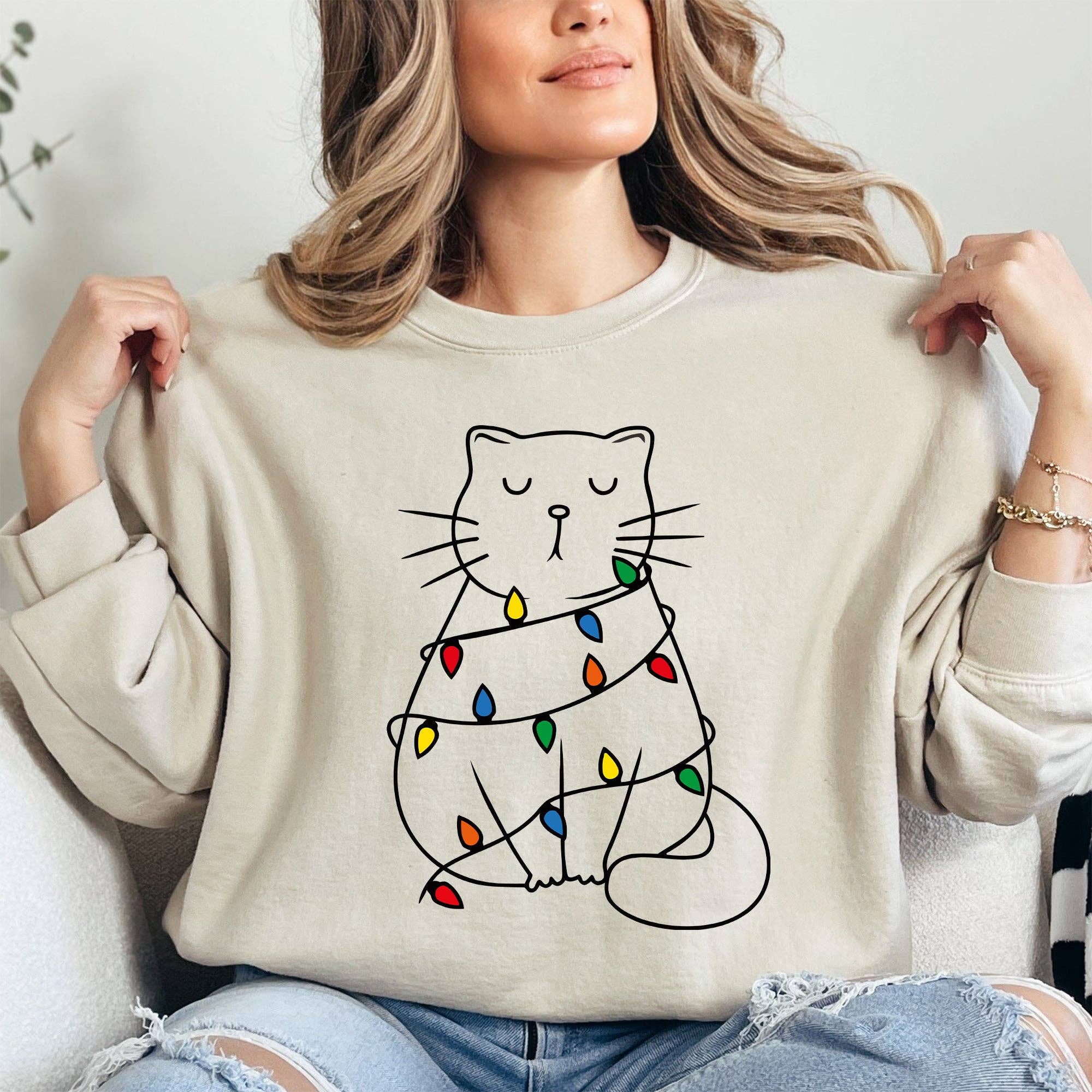 Christmas Cat, Lights, Cute, Cat Lover, Gift Sweatshirt T-Shirts, Hoodie | PodTeesHub.com