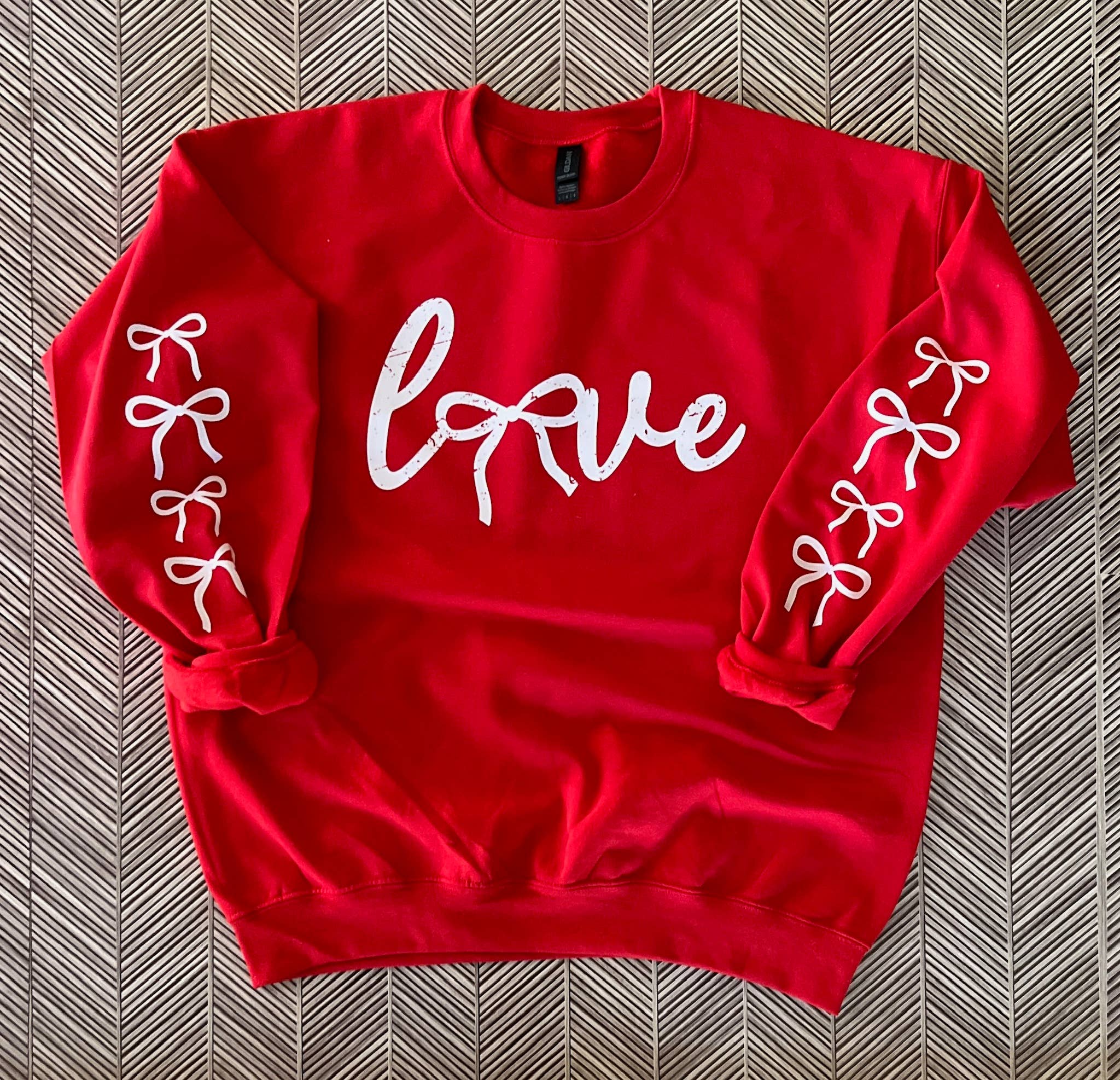 Love Bow Sleeve On Gildan Red Sweatshirt T-Shirts, Hoodie | PodTeesHub.com