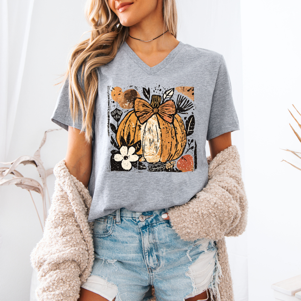 Distressed Pumpkin | Women's V-Neck T-Shirt Hoodie, Sweatshirt | PodTeesHub.com