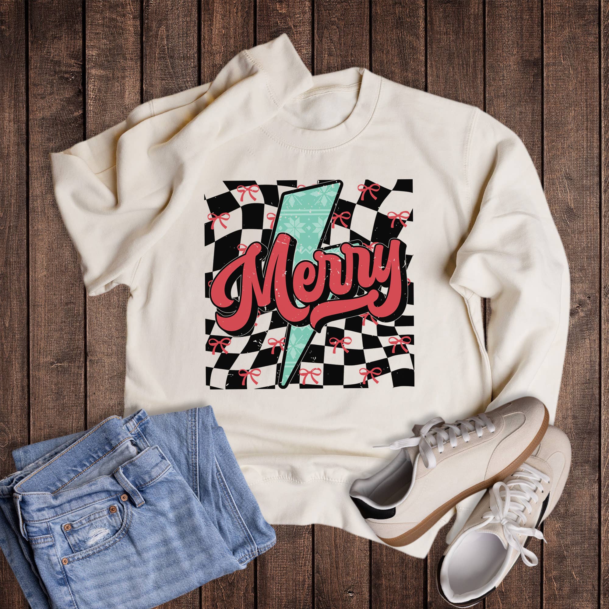 Christmas Bow Check Lightning Merry Sweatshirt T-Shirts, Hoodie | PodTeesHub.com