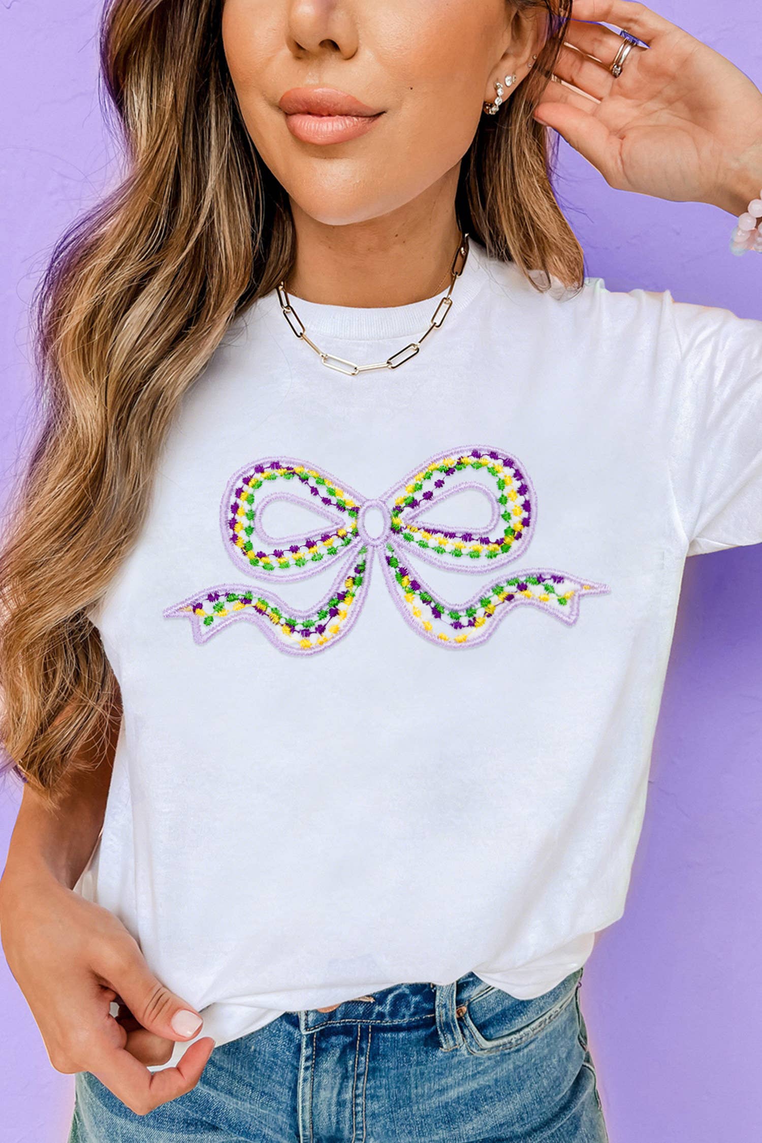 Mardi Gras Color Embroidered Bow Casual T Shirt (S-Xl) Hoodie, Sweatshirt | PodTeesHub.com