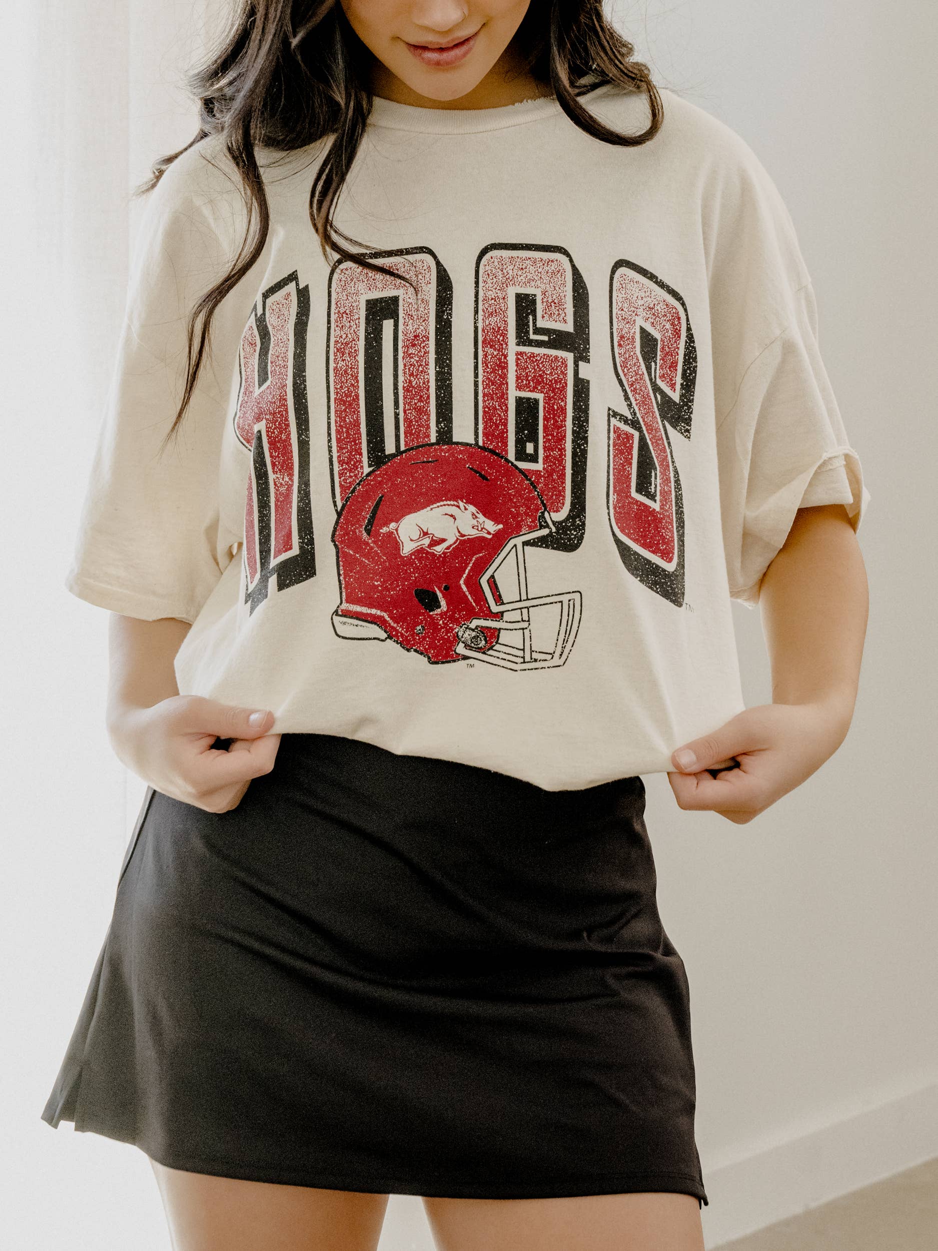 Arkansas Hogs Helmet Fade Off White Thrifted Tee Hoodie, Sweatshirt | PodTeesHub.com