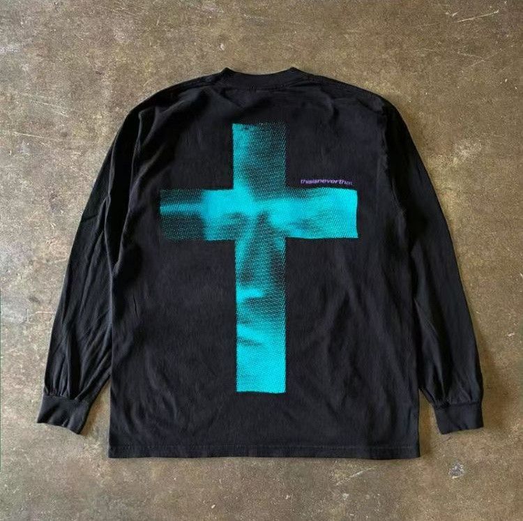 Vintage Black Washed Retro Cross Print Long Sleeved T Shirt Hoodie, Sweatshirt | PodTeesHub.com