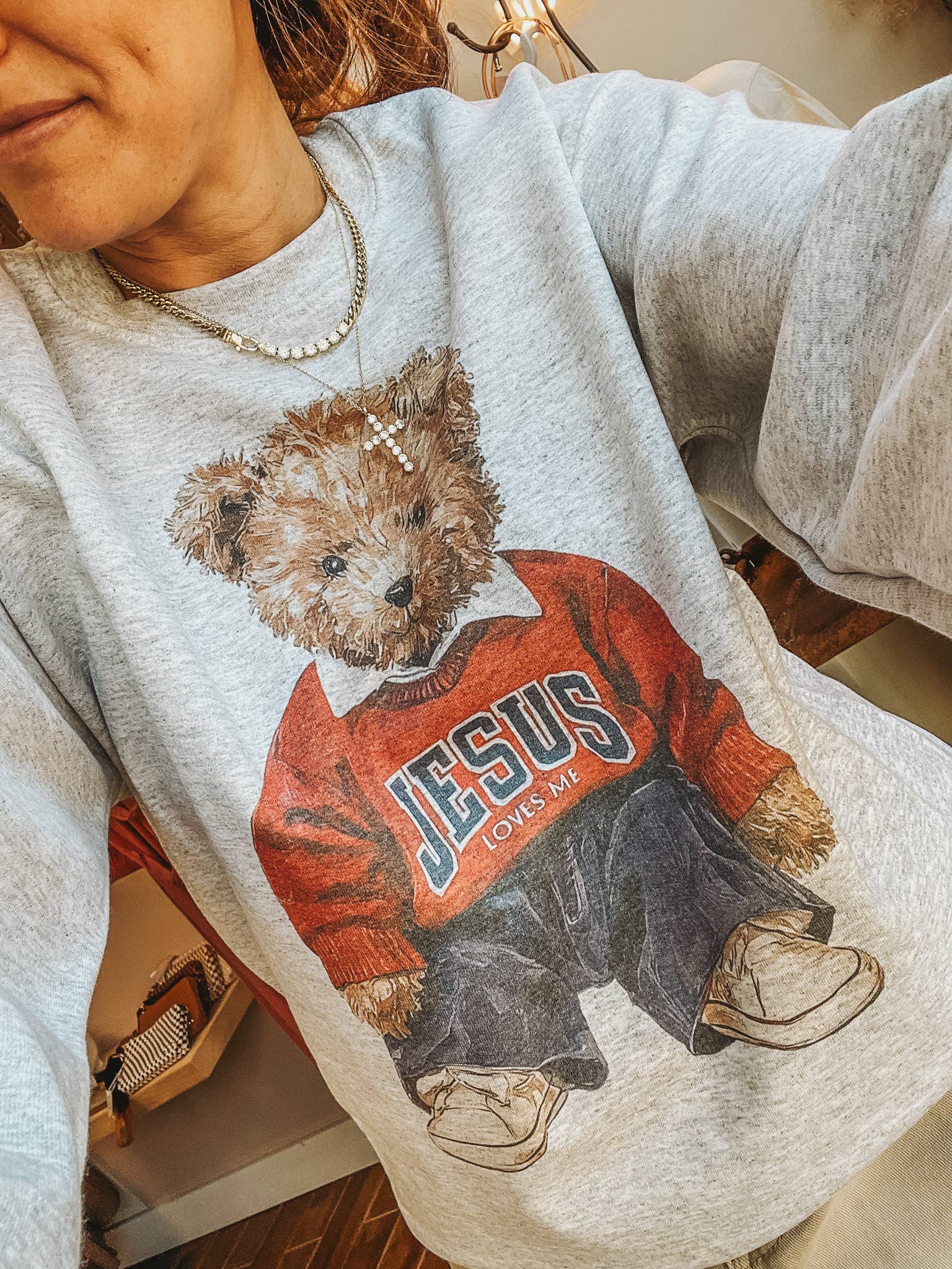 Jesus Loves Me Teddy Bear Religious Crew Neck Sweatshirt T-Shirts, Hoodie | PodTeesHub.com