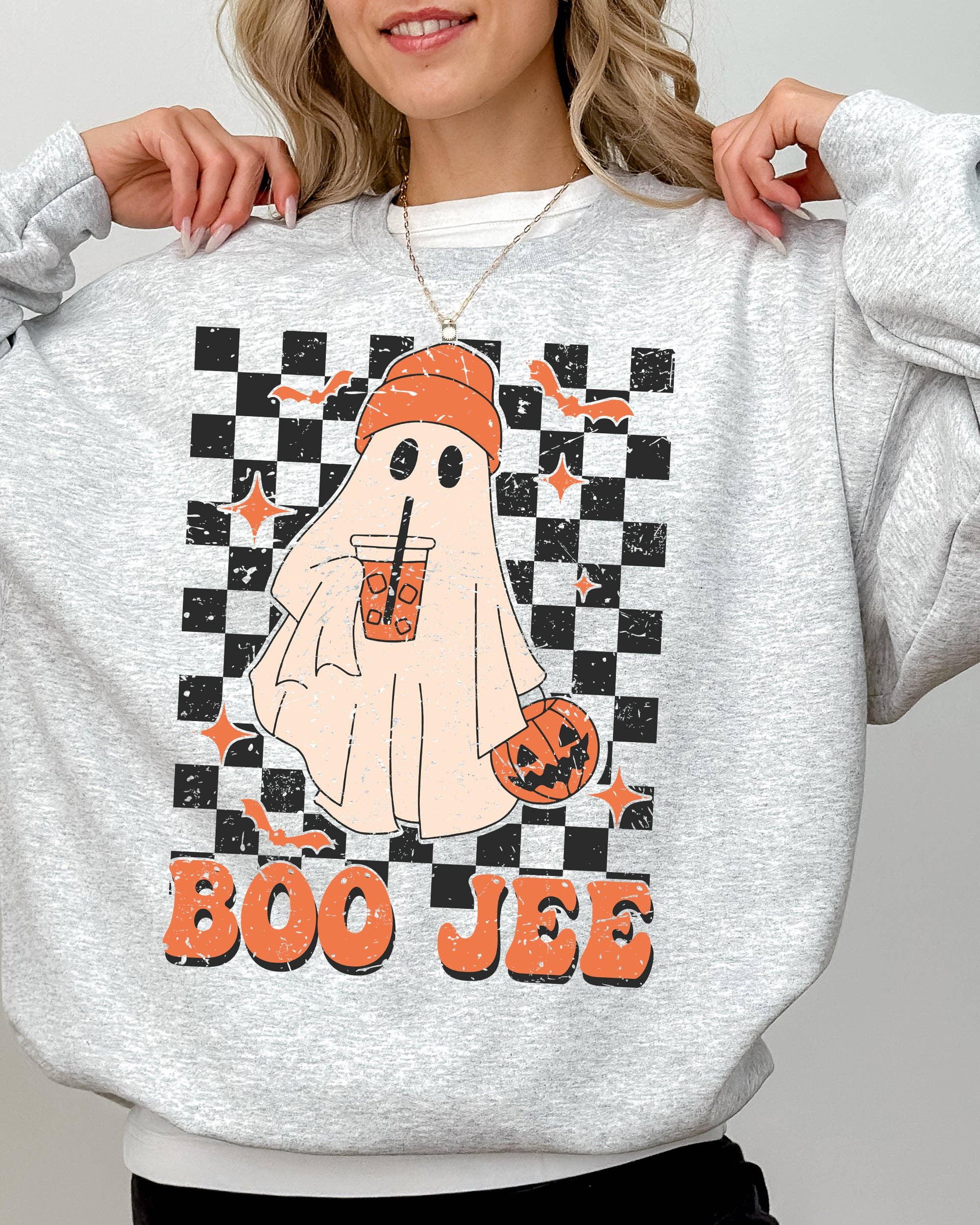 Boo-Jee Ghost, Checkered Halloween Coffee Drink Sweatshirt T-Shirts, Hoodie | PodTeesHub.com