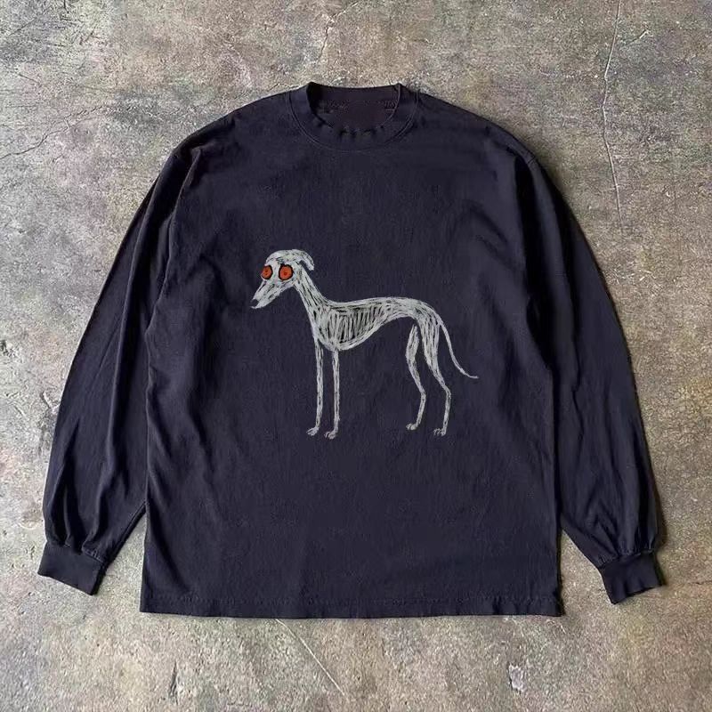 Vintage Black Washed Retro Skull Dog Print Long Sleeved T-Shirts, Hoodie, Sweatshirt