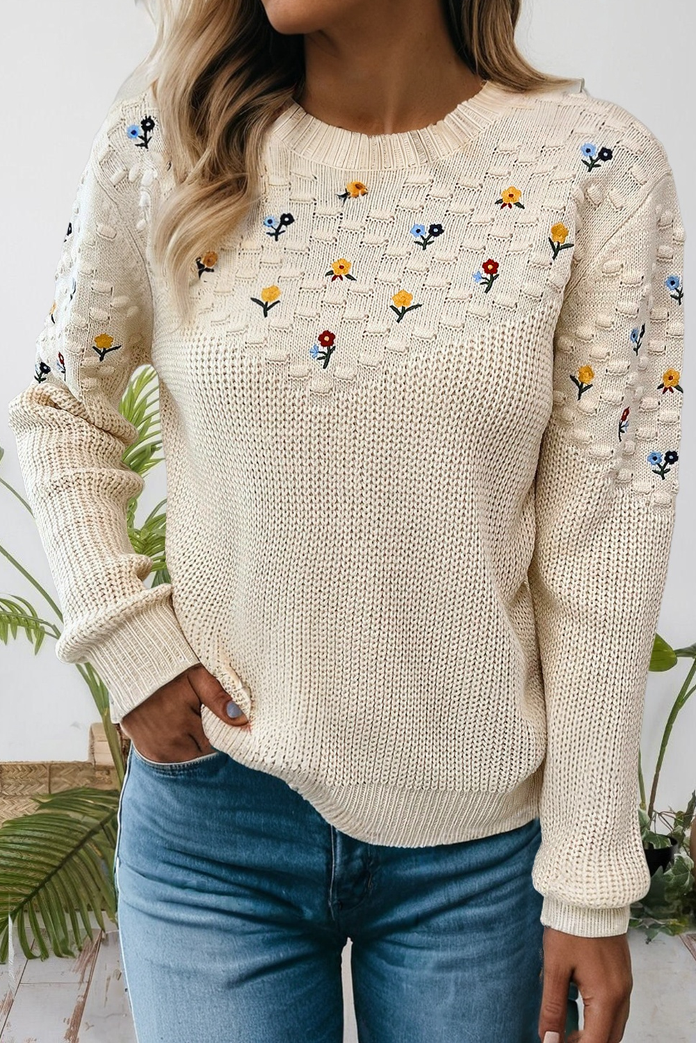 Texture Knit Flower Embroidered Detail Casual Sweater (S-Xl) T-Shirts, Hoodie, Sweatshirt | PodTeesHub.com