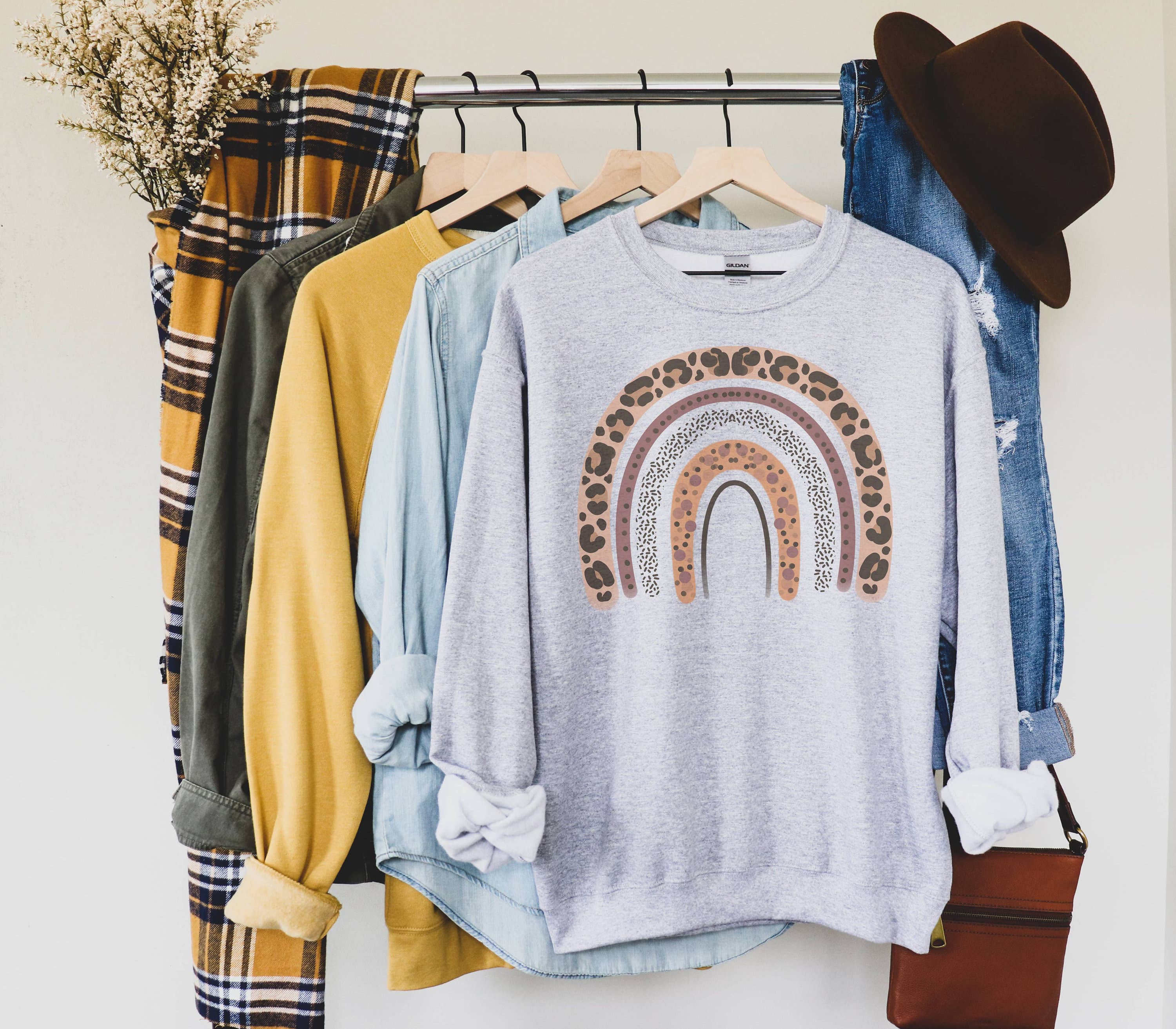 Leopard Rainbow Crew Neck Sweatshirt | Fall Sweater T-Shirts, Hoodie | PodTeesHub.com