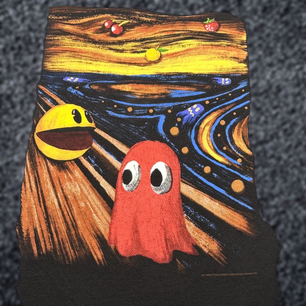 Vintage Pac Man Tee Mens Xl Black The Scream Parody Ghost Video Game Graphic Print 90s Shirt Hoodie, Sweatshirt