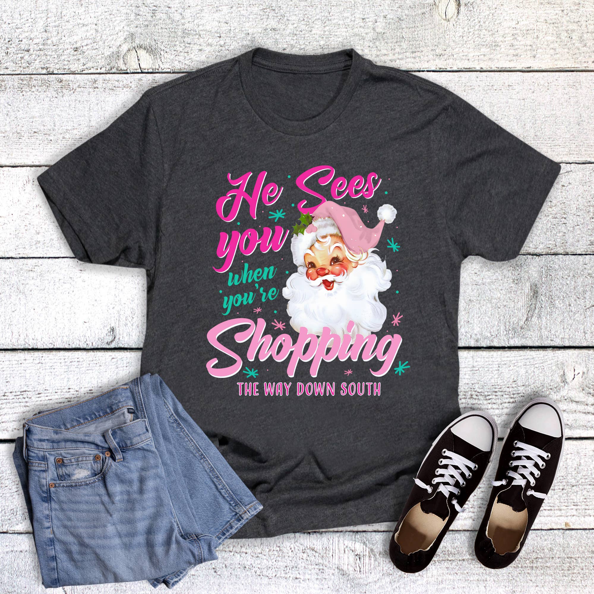 Custom Name Drop Christmas Santa He Sees Graphic Tee Hoodie, Sweatshirt | PodTeesHub.com
