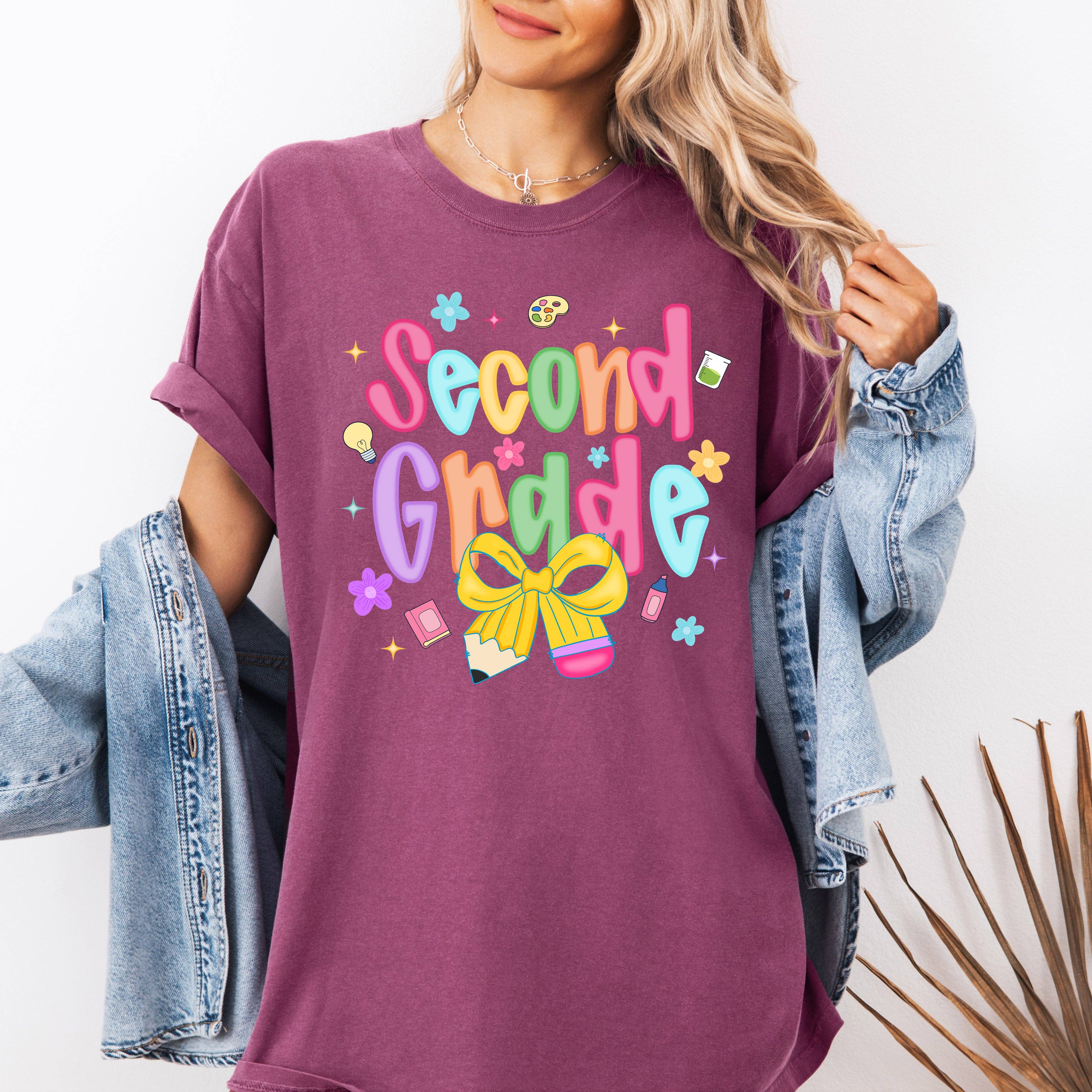 Second Grade, Teacher, Back To School, Neon, Bow T-Shirt Hoodie, Sweatshirt | PodTeesHub.com