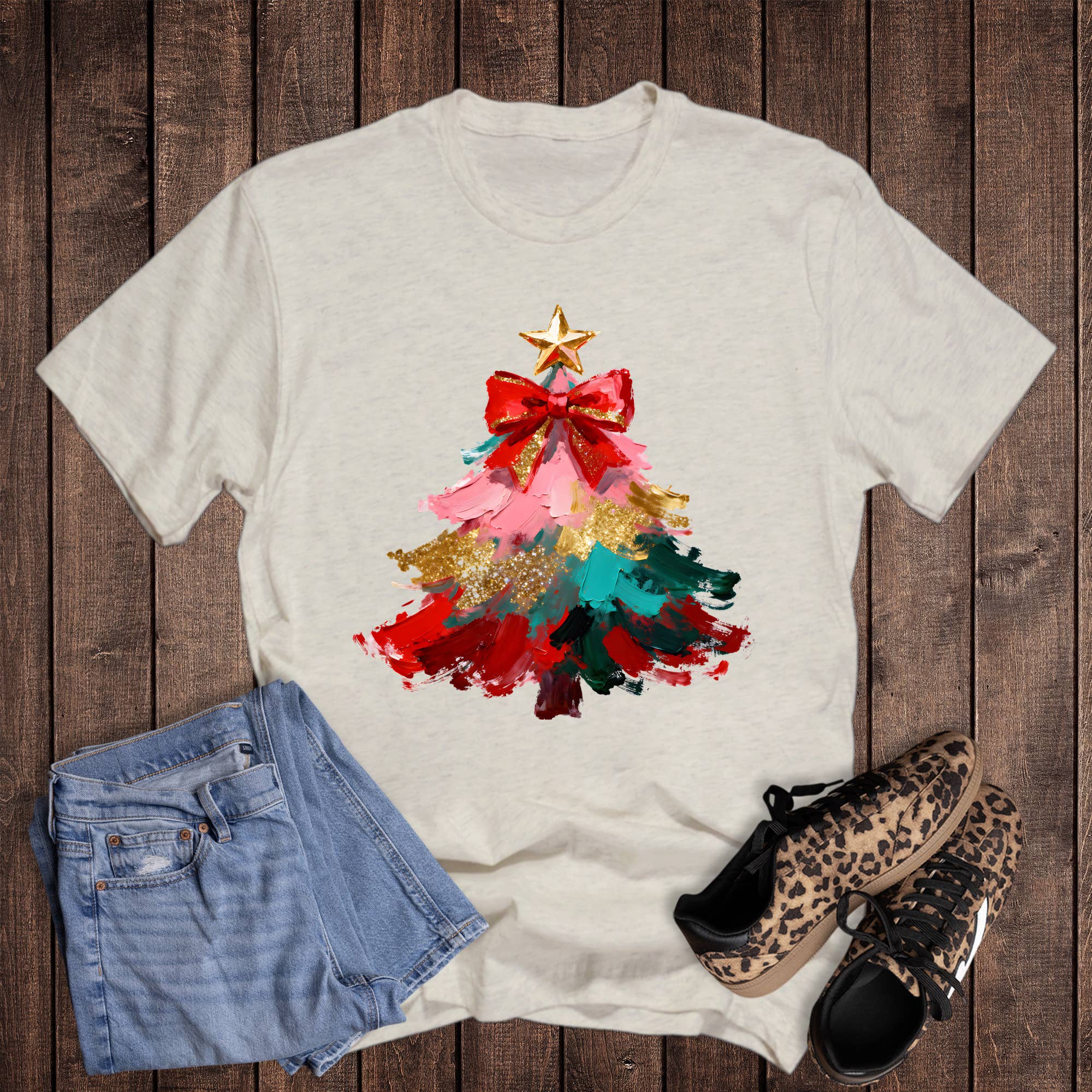 Christmas Faux Paint and Glitter Tree Graphic Tee Hoodie, Sweatshirt | PodTeesHub.com