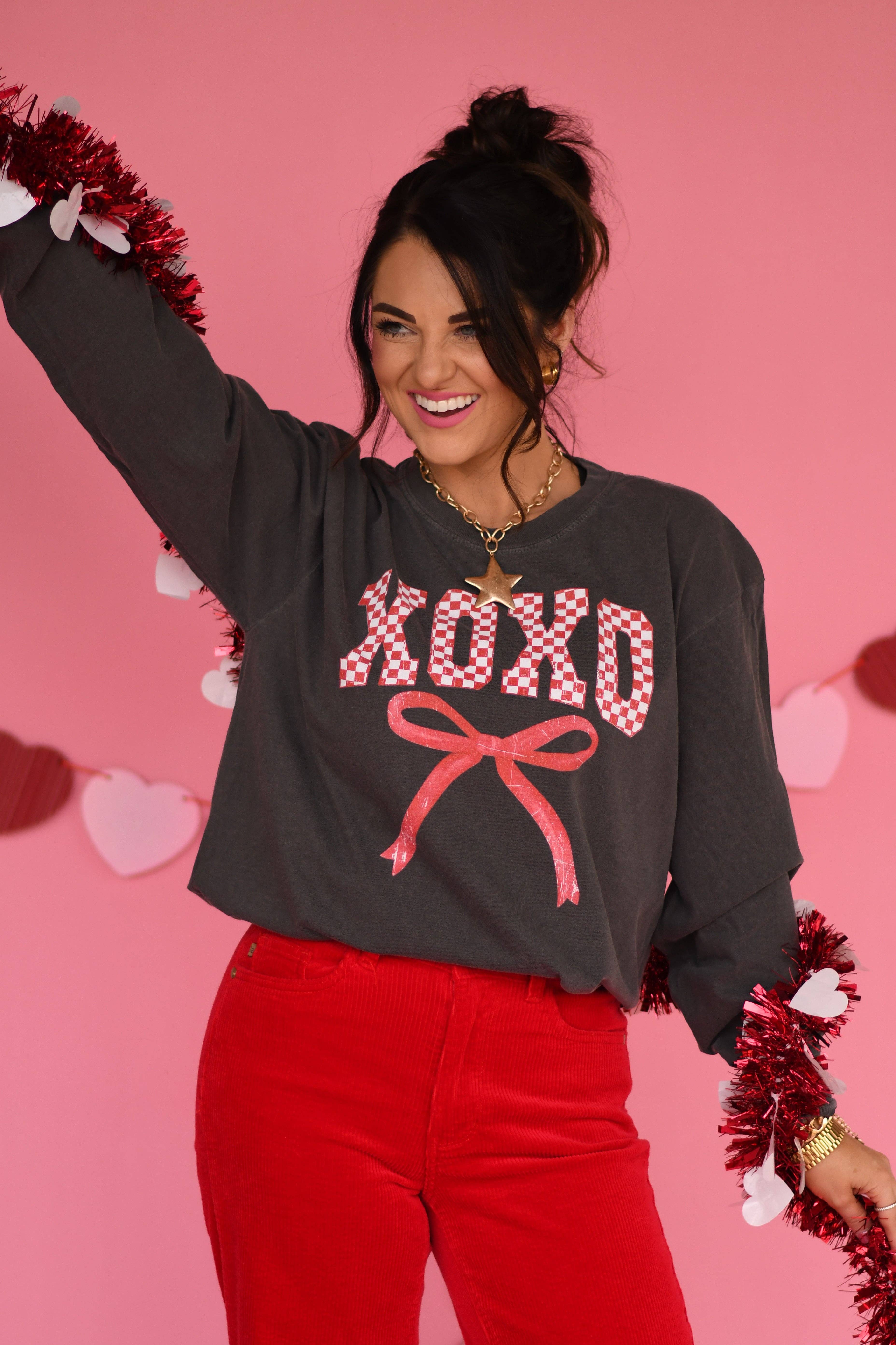Xoxo Checkered Bow Long Sleeve/Tee Hoodie, Sweatshirt | PodTeesHub.com