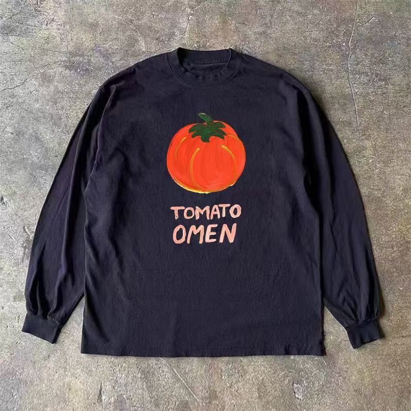 Japanese Brand Black Washed Retro Tomato Print Long Sleeved T Shirt Hoodie, Sweatshirt | PodTeesHub.com