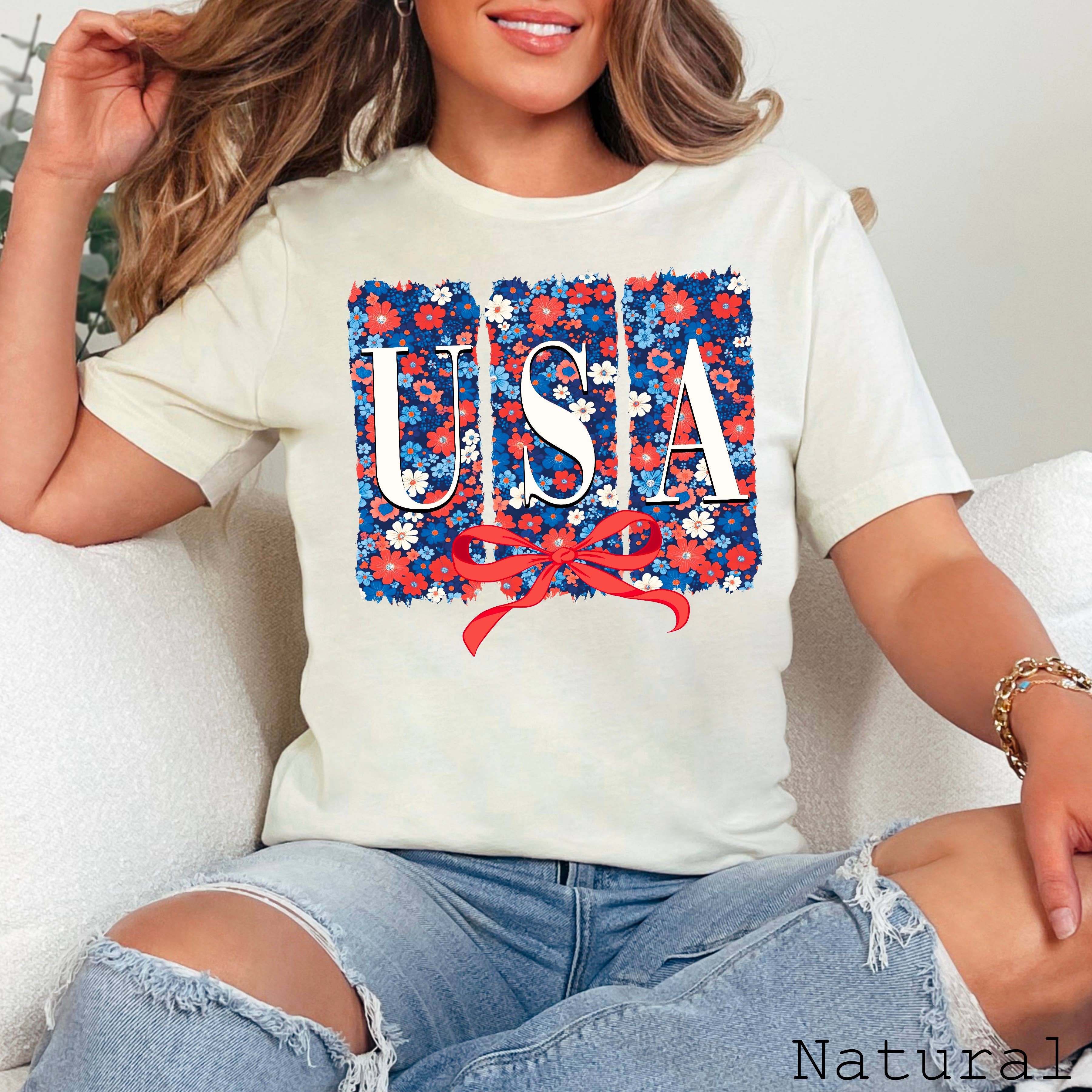 July 4th Graphic Tee | Coquette Floral USA | Bella Canvas Hoodie, Sweatshirt | PodTeesHub.com