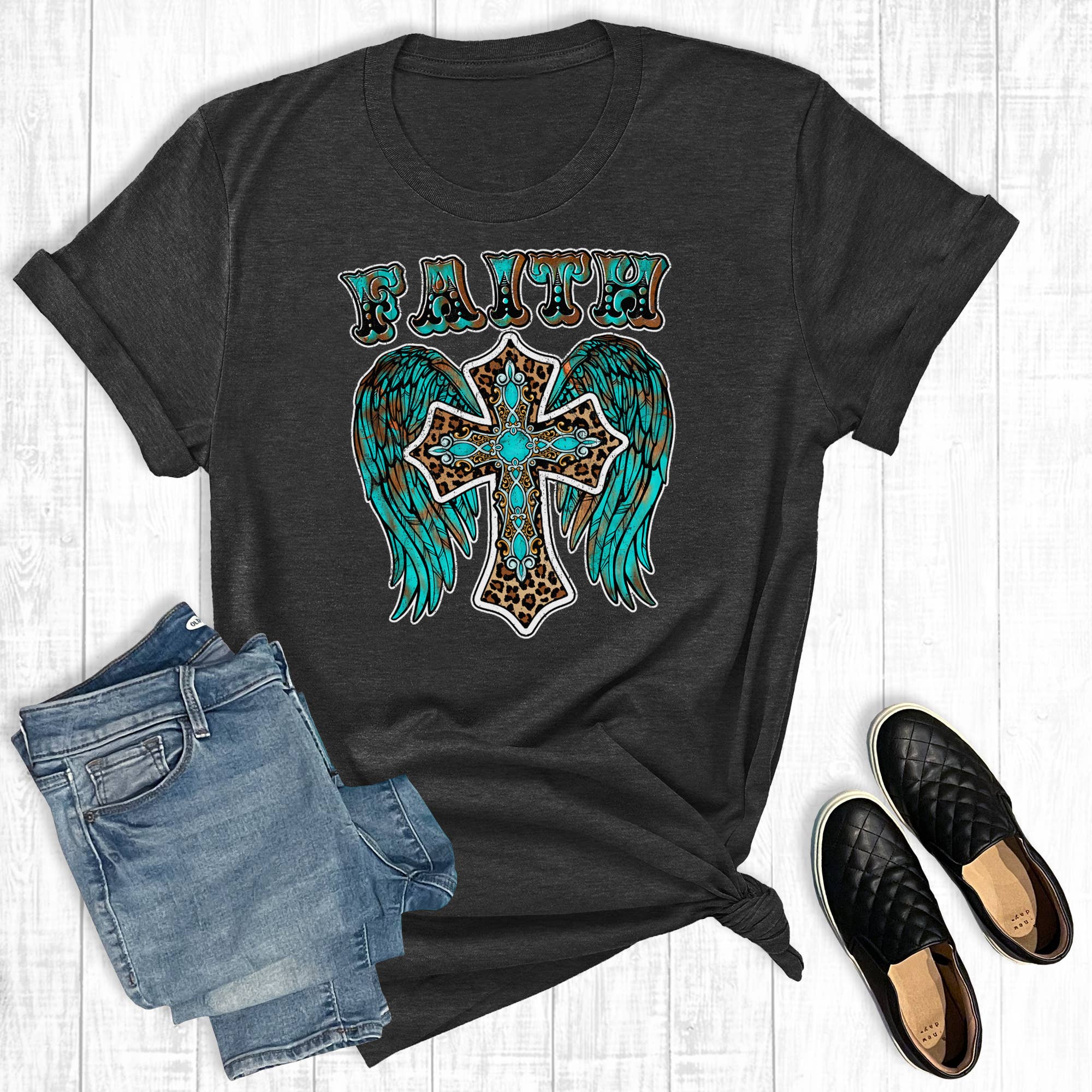 Turquoise Leopard Faith Cross Graphic Tee Hoodie, Sweatshirt | PodTeesHub.com