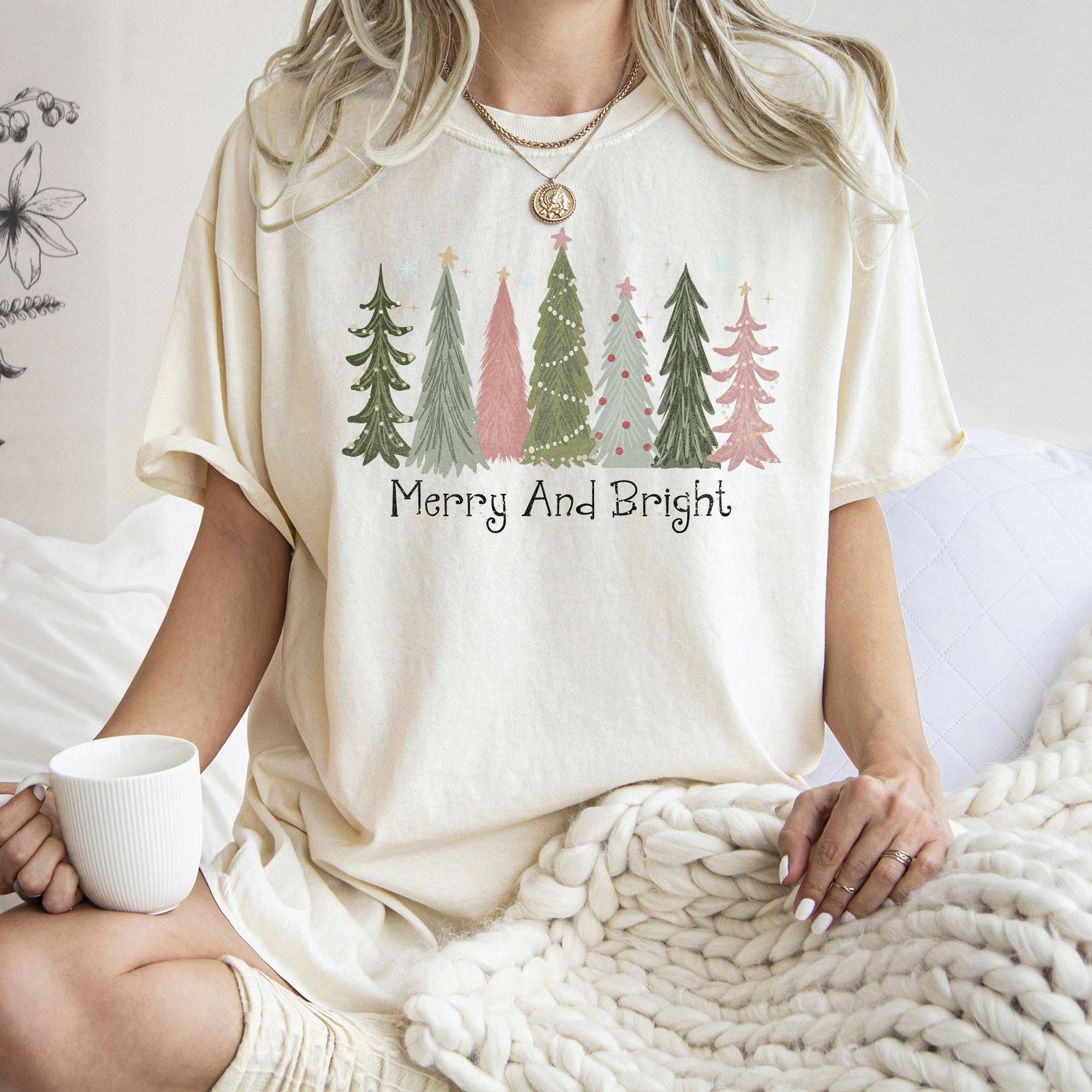 Merry and Bright Christmas Trees, Snowflakes, Stars Tshirt Hoodie, Sweatshirt | PodTeesHub.com
