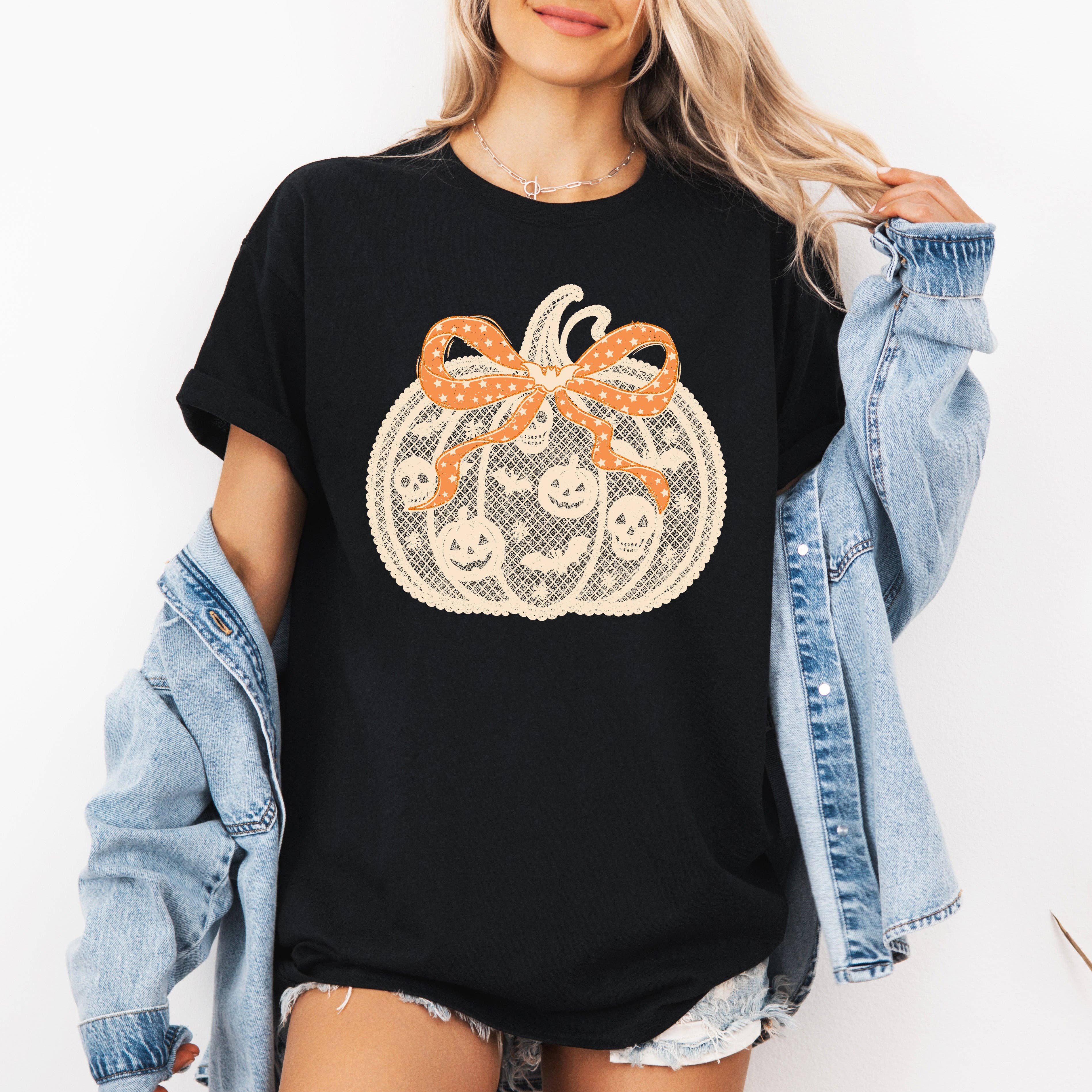 Halloween Pumpkin, Faux Lace, Coquette, Ribbon, Bows, Tshirt Hoodie, Sweatshirt | PodTeesHub.com