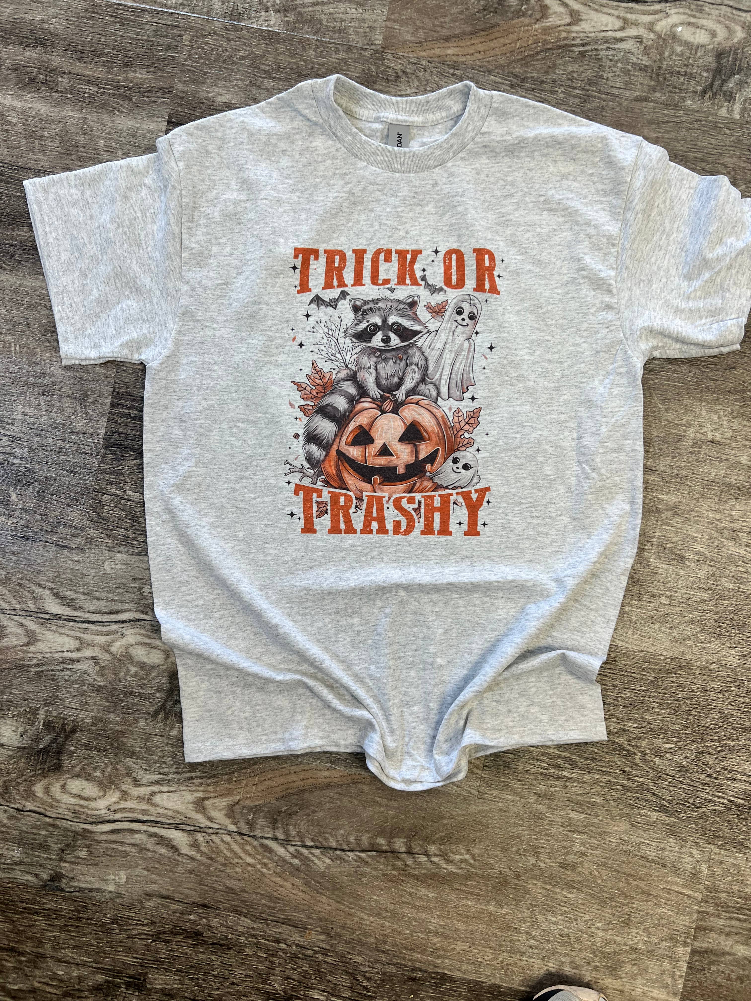 Trick or Trashy Raccoon On Ash Gray Tee Hoodie, Sweatshirt | PodTeesHub.com