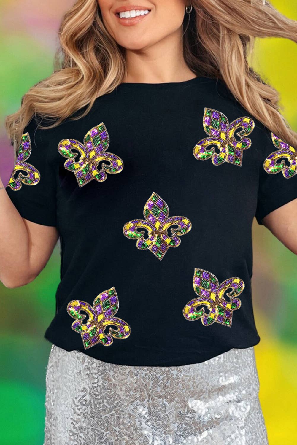 Mardi Gras Sequin Fleur De Lis Graphic T Shirt (S-3XL) Hoodie, Sweatshirt | PodTeesHub.com