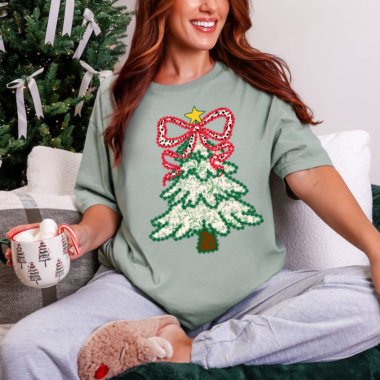 Pattern Bow Christmas Tree Tee Hoodie, Sweatshirt | PodTeesHub.com