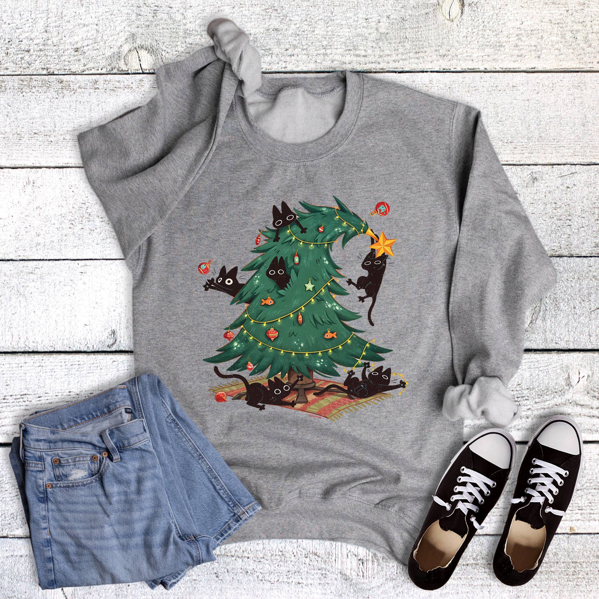 Cute Christmas Tree with Cats Sweatshirt T-Shirts, Hoodie | PodTeesHub.com