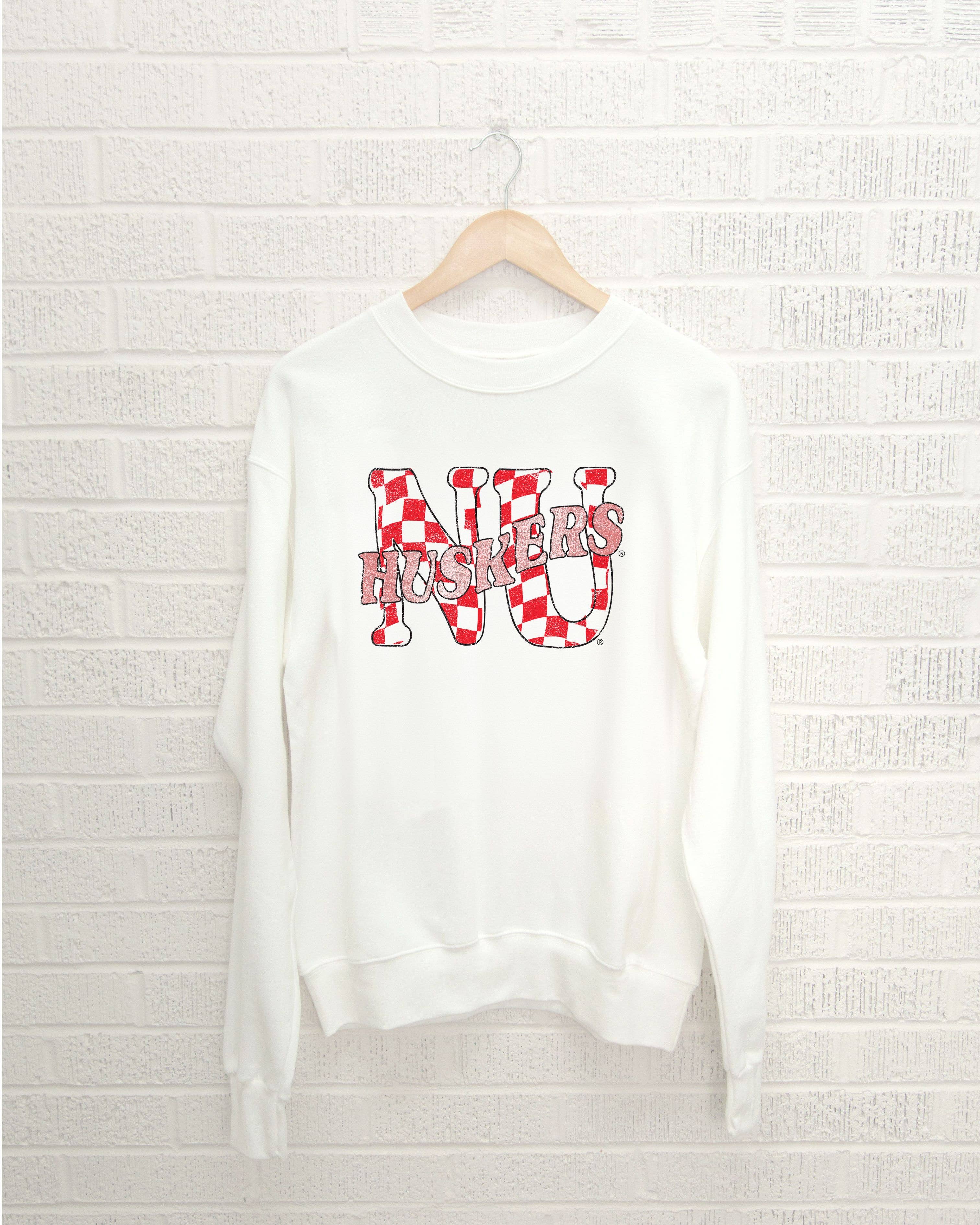 Nebraska Huskers Twisted Check White Thrifted Sweatshirt T-Shirts, Hoodie | PodTeesHub.com
