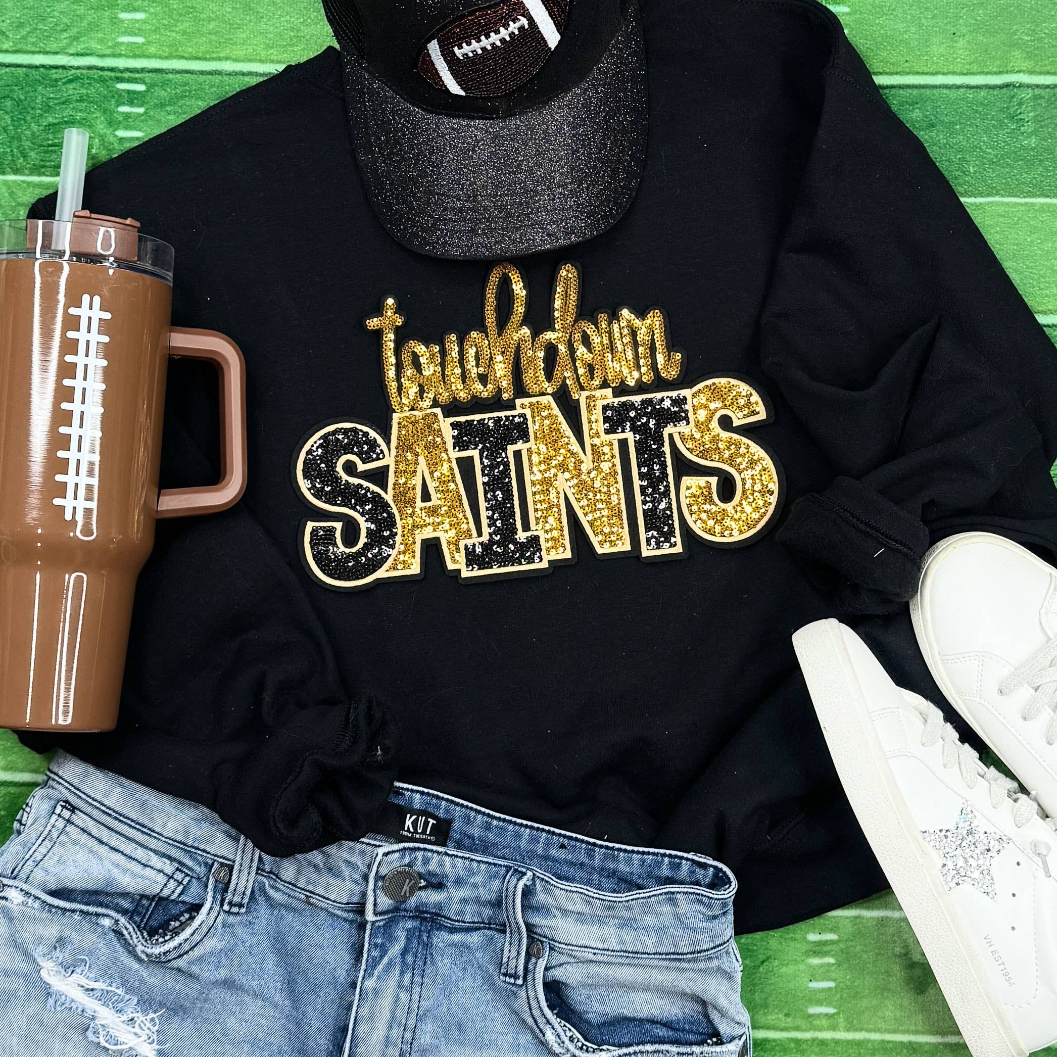 Touchdown Saints Sequin Patch Black Crewneck Sweatshirt T-Shirts, Hoodie | PodTeesHub.com