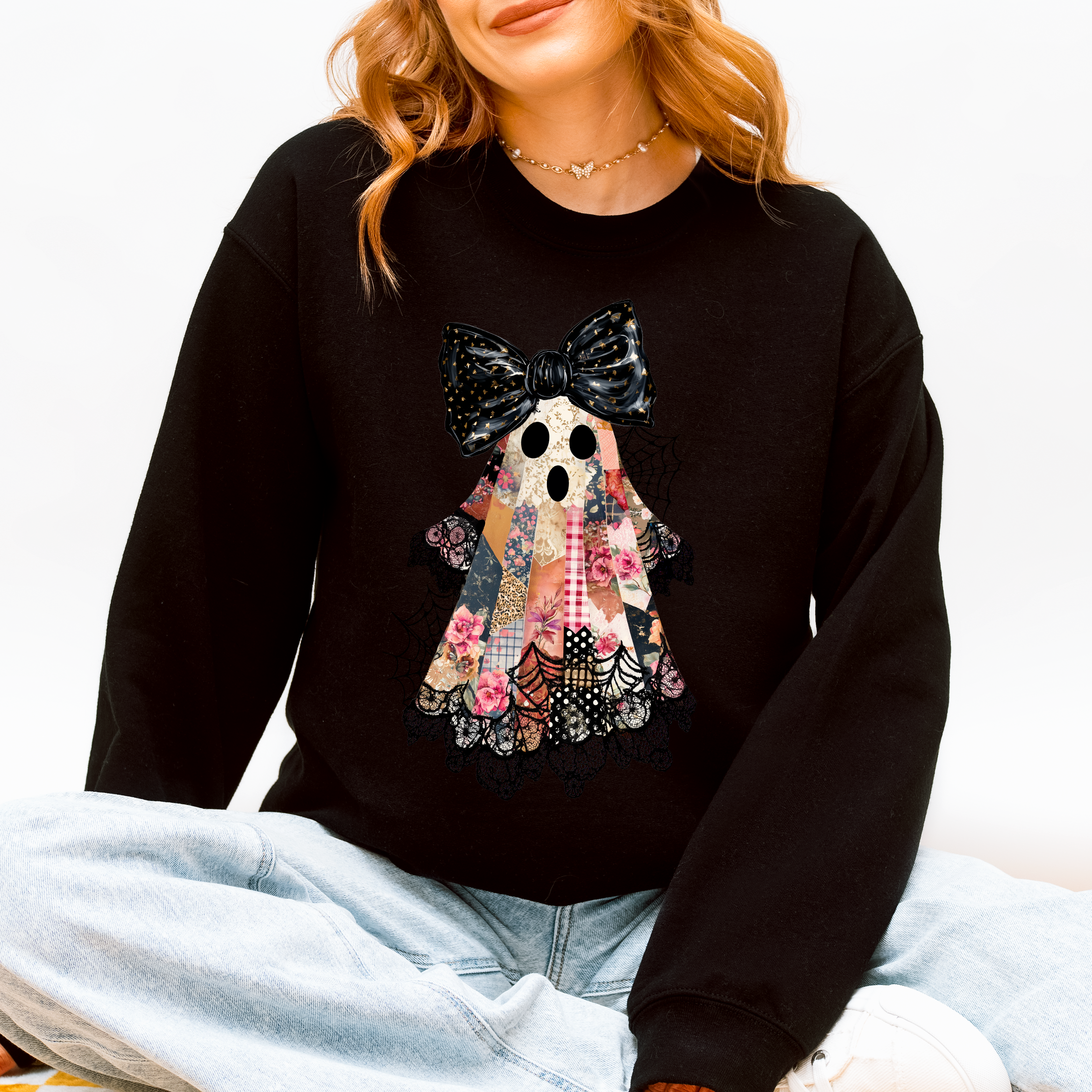 Faux Patchwork Lace Ghost Halloween Coquette Sweatshirt T-Shirts, Hoodie | PodTeesHub.com