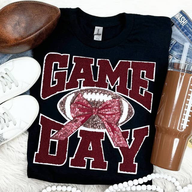 Maroon Chenille Football Game Day with Sequin Bow Patch Black Everyday Tee Hoodie, Sweatshirt | PodTeesHub.com