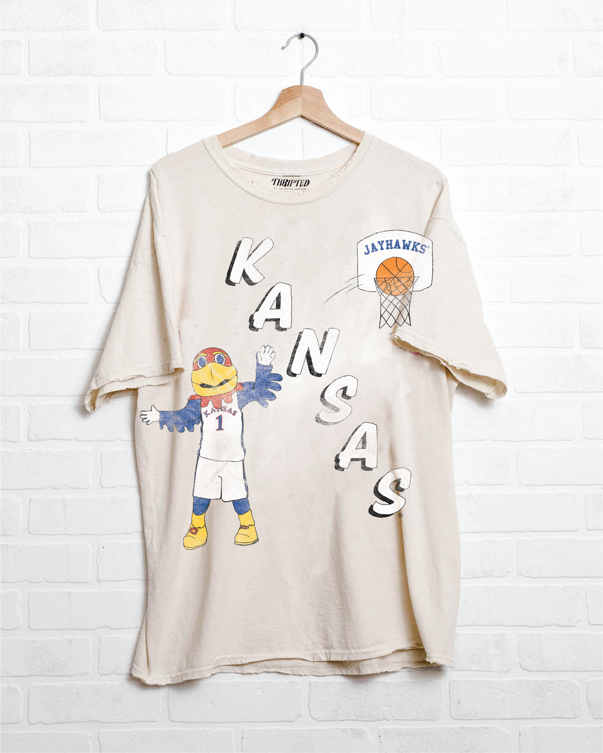 Ku Jayhawks Retro Basketball Off White Thrifted Tee Hoodie, Sweatshirt | PodTeesHub.com