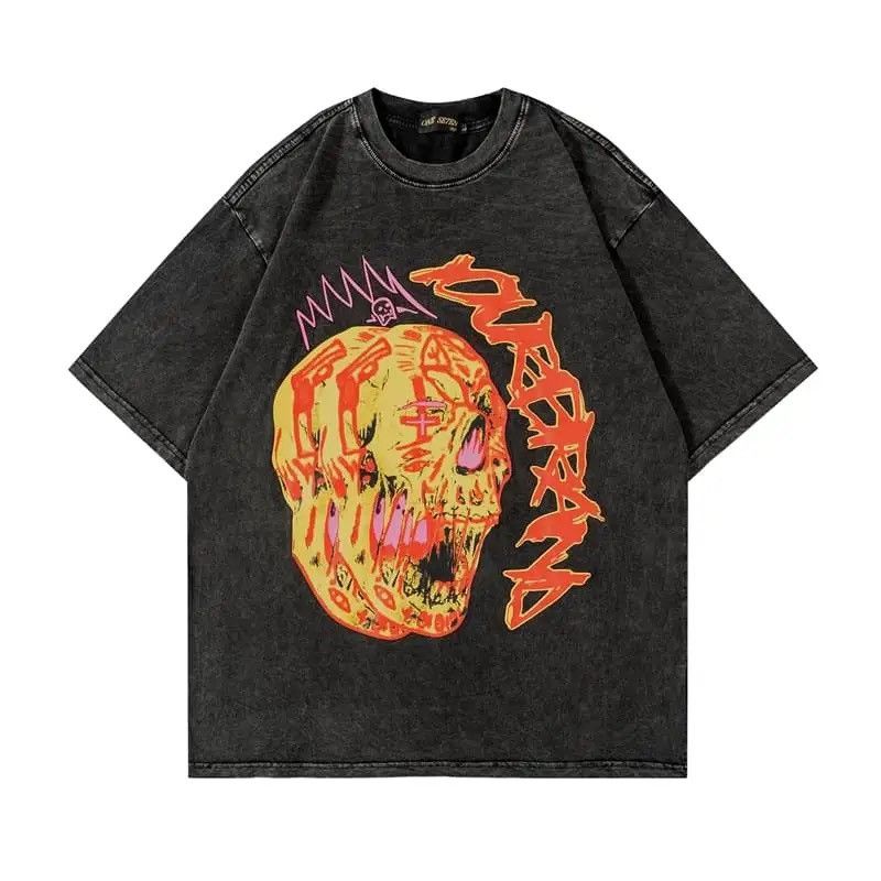 Other Skull Print Graphic Washed T Shirt Rock Punk Gothic Style Hoodie, Sweatshirt | PodTeesHub.com
