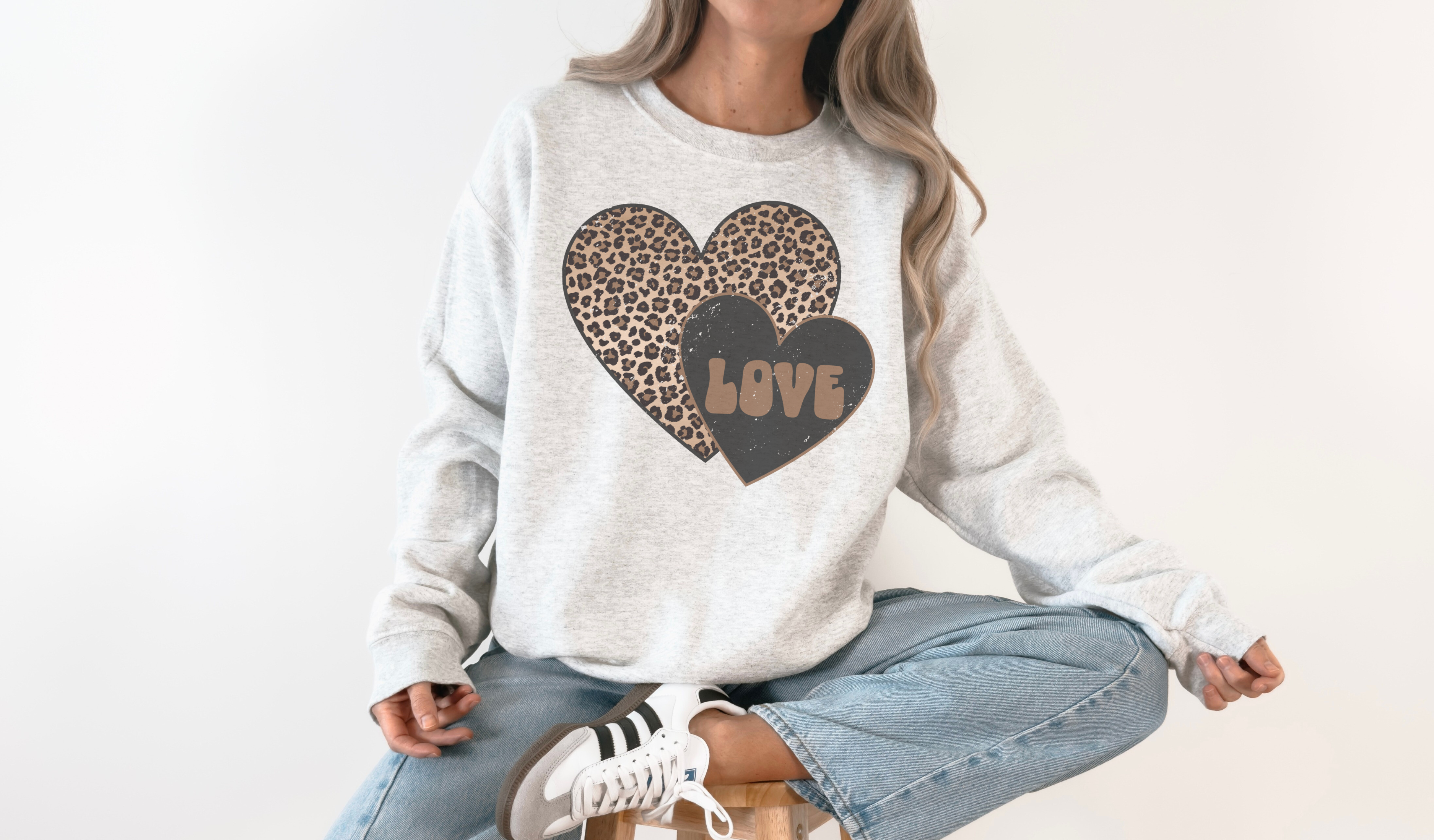 Leopard Love Heart Crew Neck Sweatshirt Valentines T-Shirts, Hoodie | PodTeesHub.com