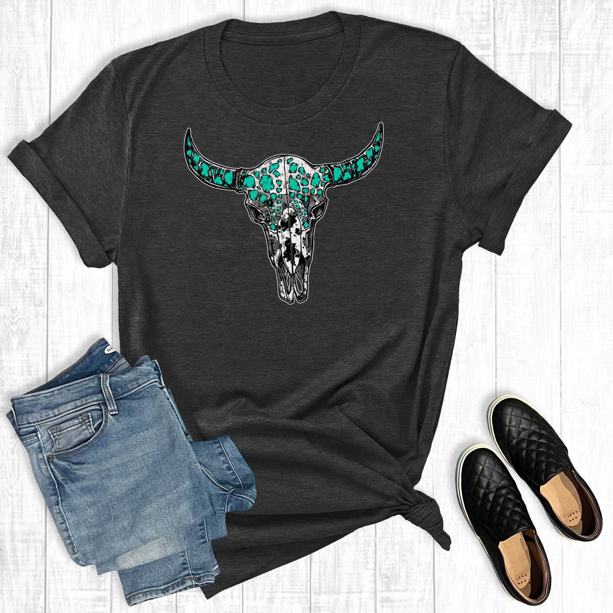 Western Turquoise Cowprint Skull Graphic Tee Hoodie, Sweatshirt | PodTeesHub.com