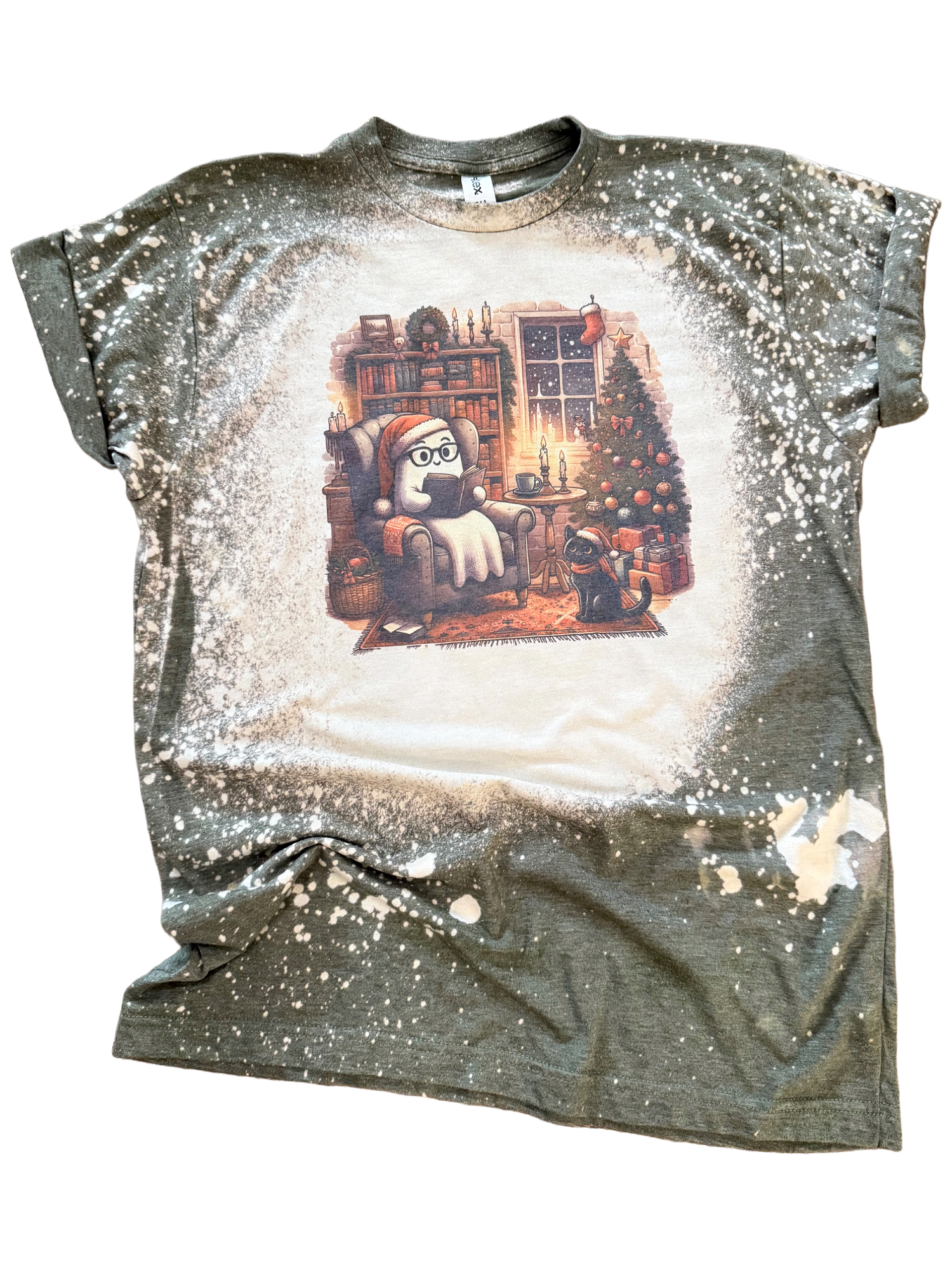 Cozy Christmas Ghost Reading Bleached Tee Hoodie, Sweatshirt | PodTeesHub.com