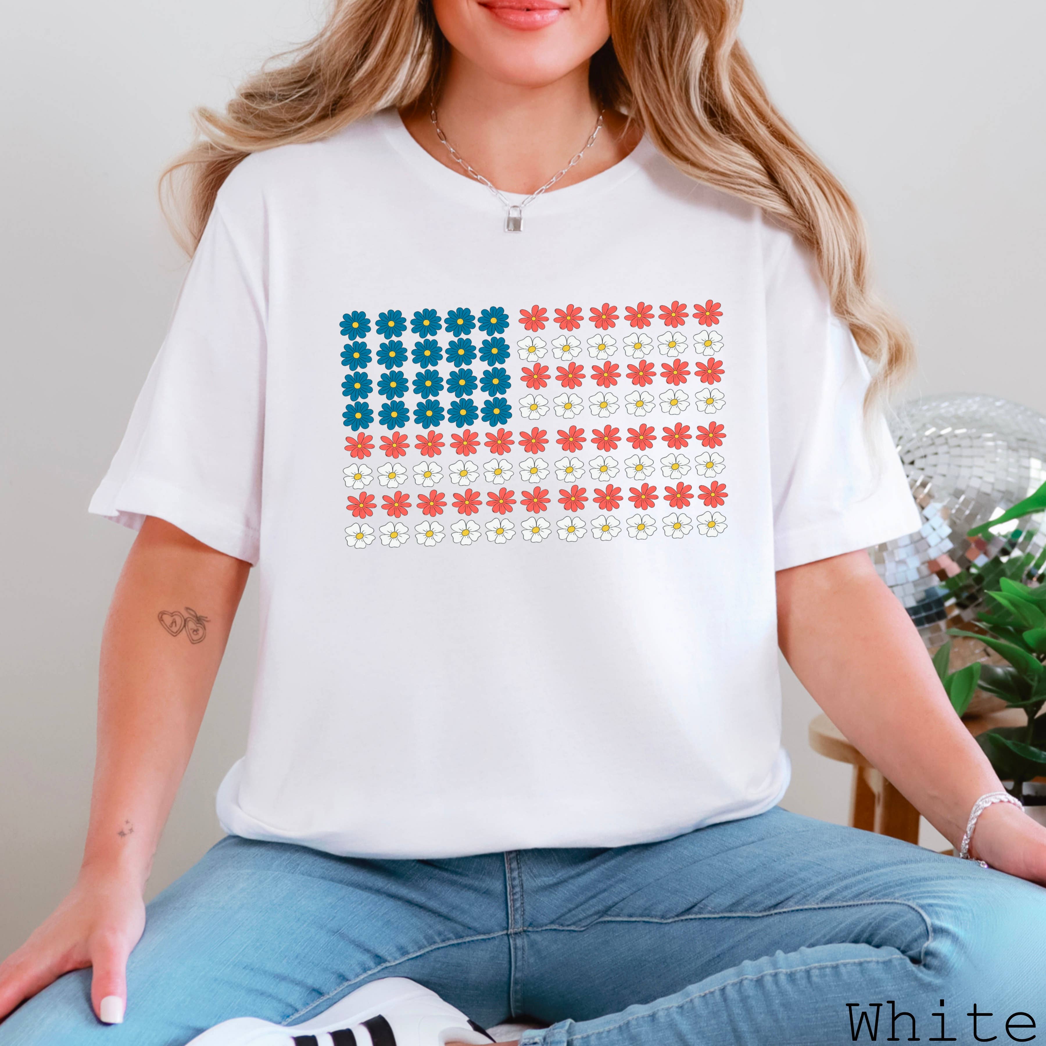 July 4th Graphic Tee | Floral USA Flag | Bella Canvas Hoodie, Sweatshirt | PodTeesHub.com