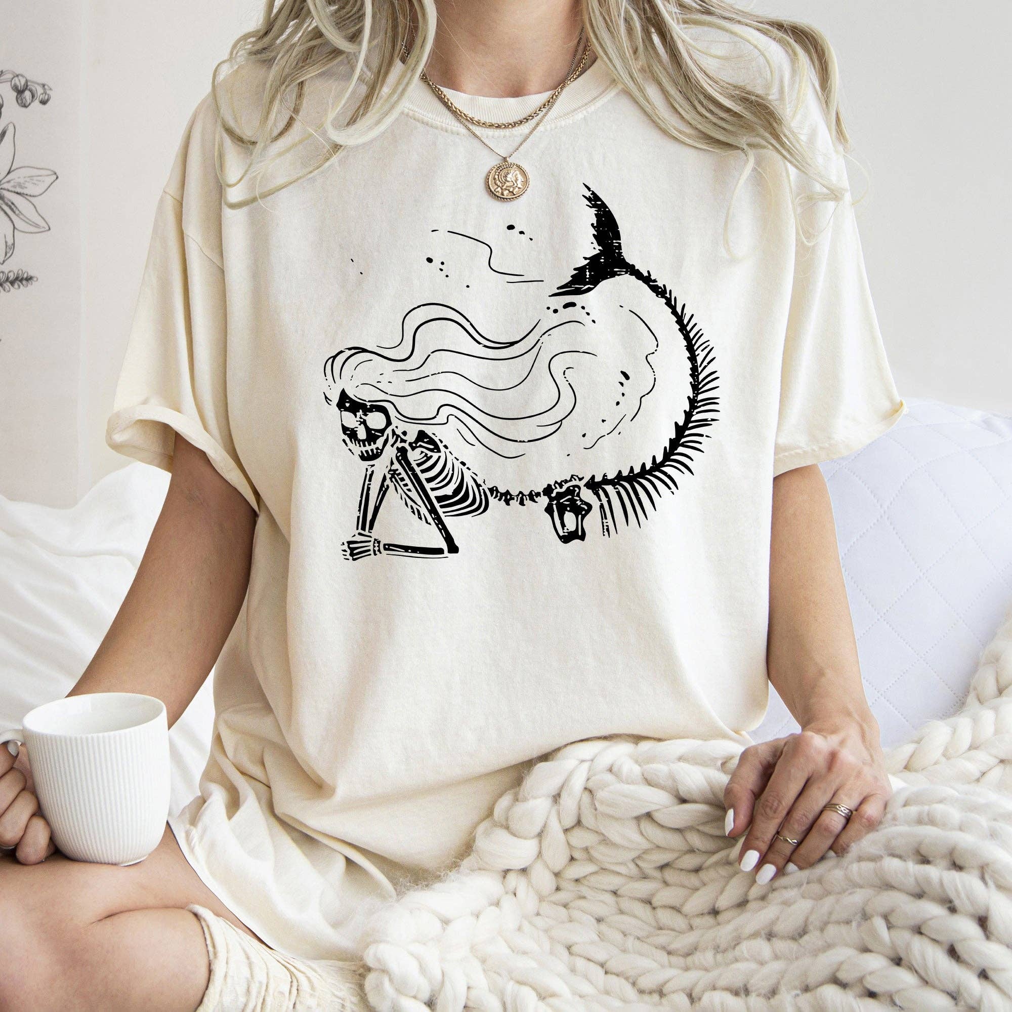 Mermaid Skeleton Halloween T-Shirt Black Print Hoodie, Sweatshirt | PodTeesHub.com