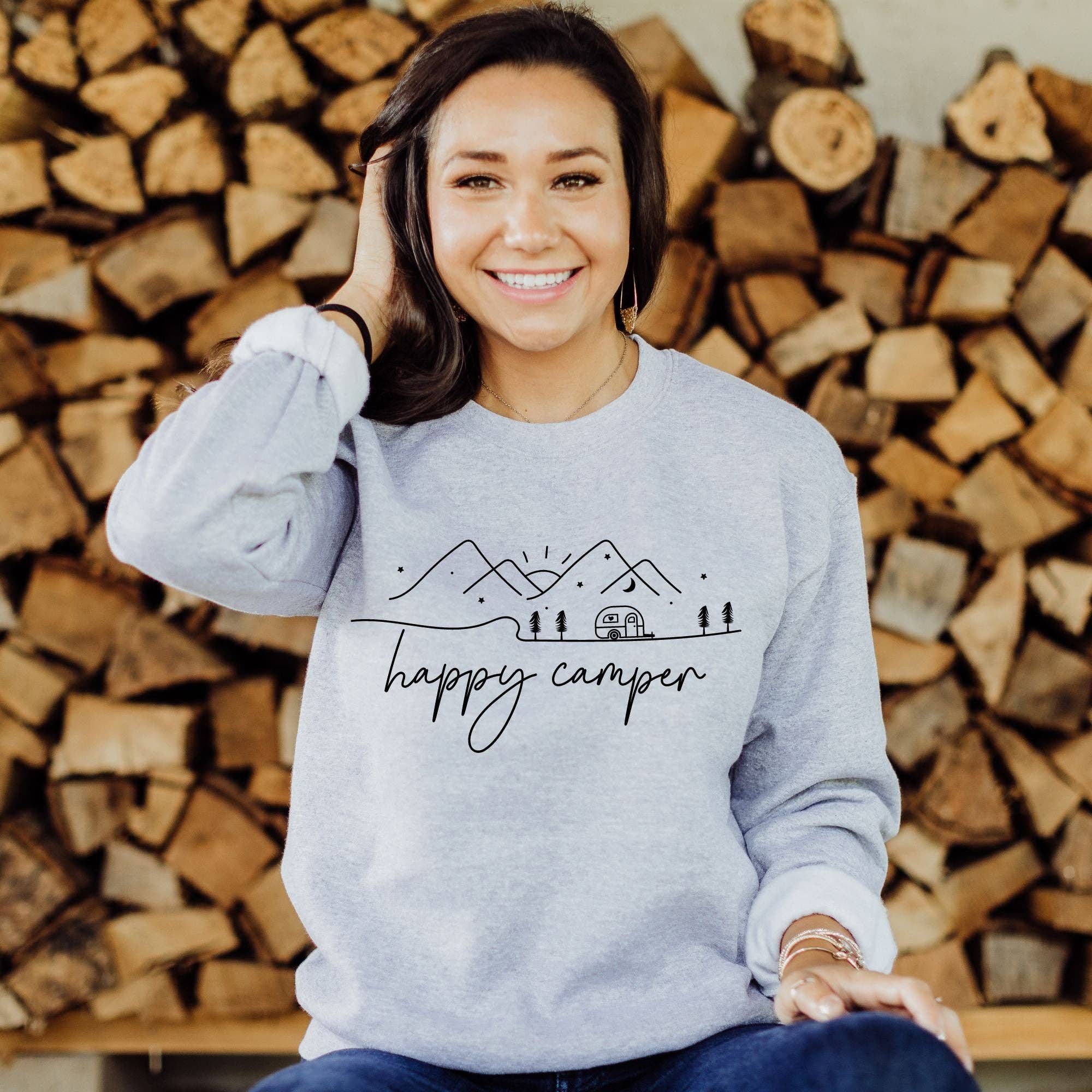 Happy Camper Gildan Unisex Crewneck or Hoodie Sweatshirt T-Shirts | PodTeesHub.com